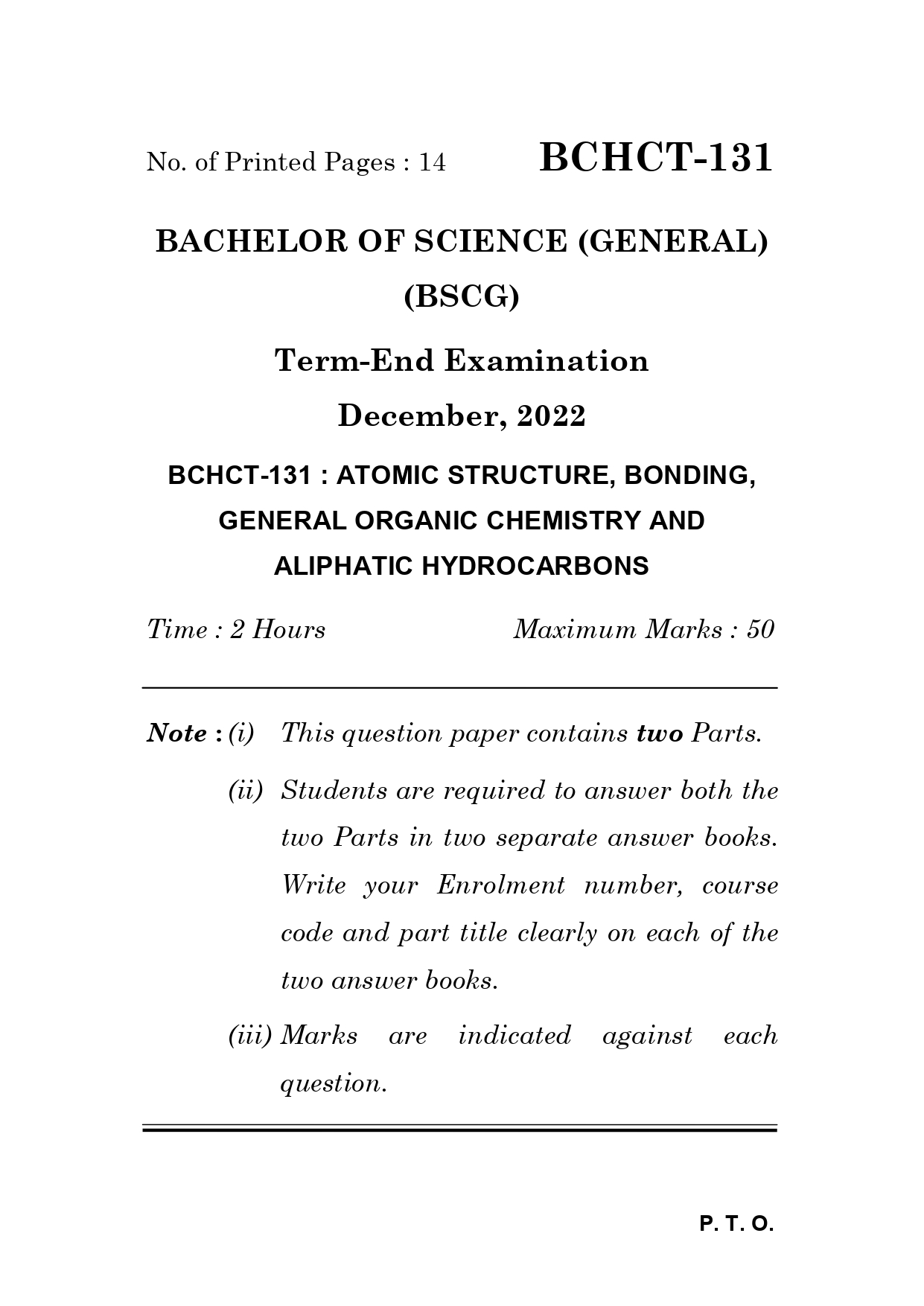 IGNOU BCHCT 131 Solved Previous Year Question Paper – December 2022 (English Medium) – Download PDF