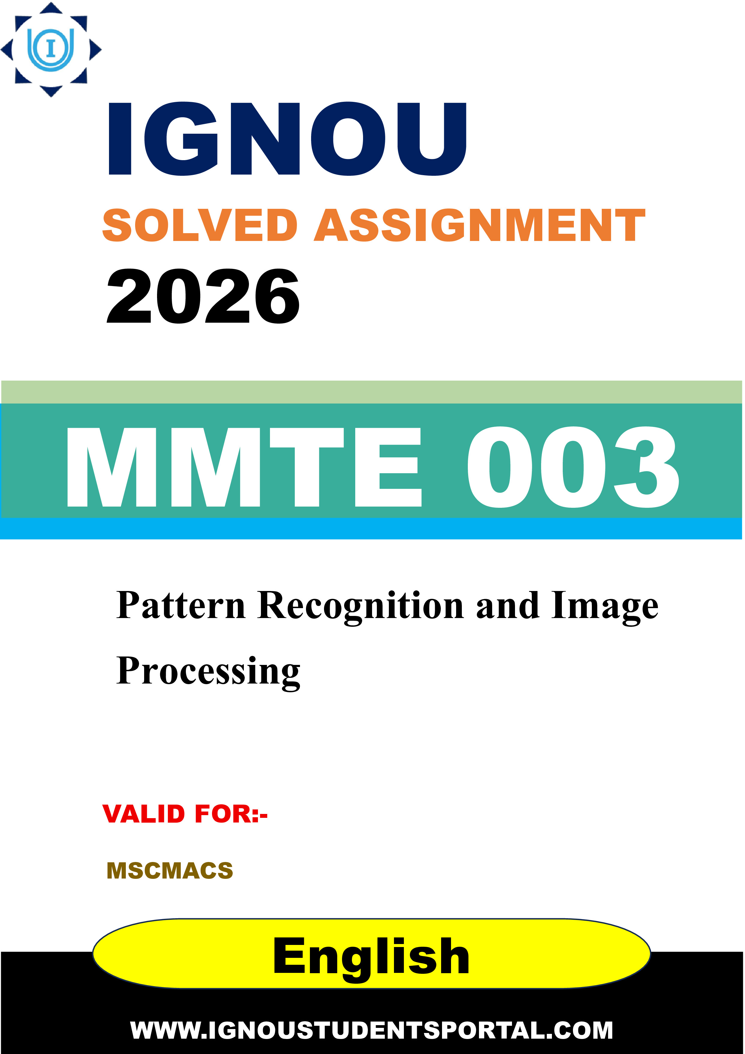 IGNOU MMTE 003 Solved Assignment 2026-26: Pattern Recognition and Image Processing (English Medium) | IGNOU Students Portal