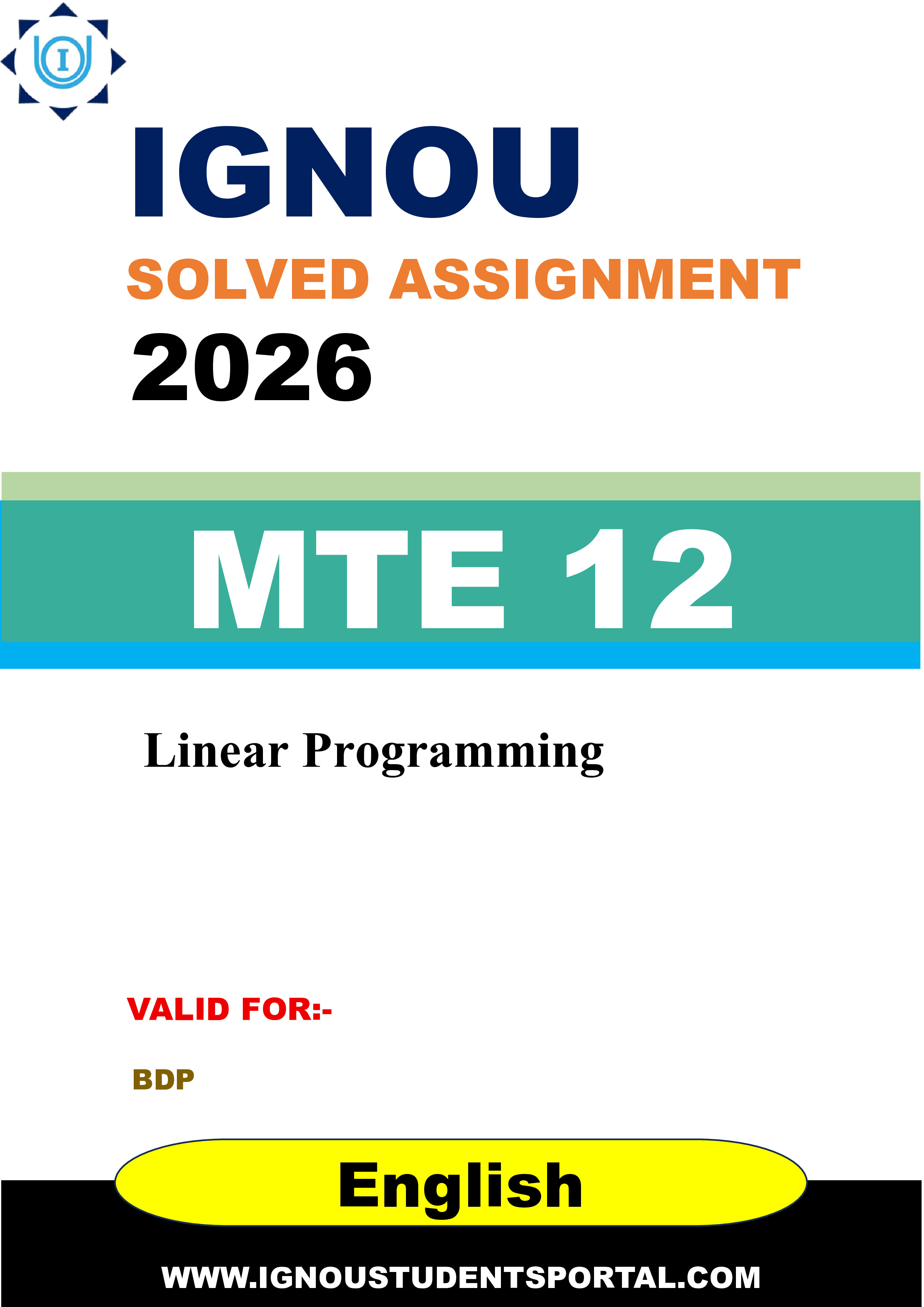 IGNOU MTE 12 Solved Assignment 2026-26: Linear Programming (English Medium) | IGNOU Students Portal