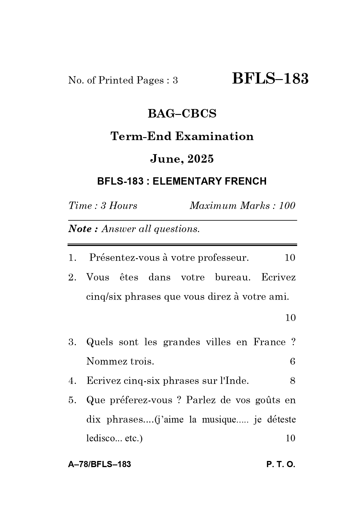 IGNOU BFLS 183 Solved Previous Year Question Paper –JUNE 2025 (FRENCH Medium) – Download PDF
