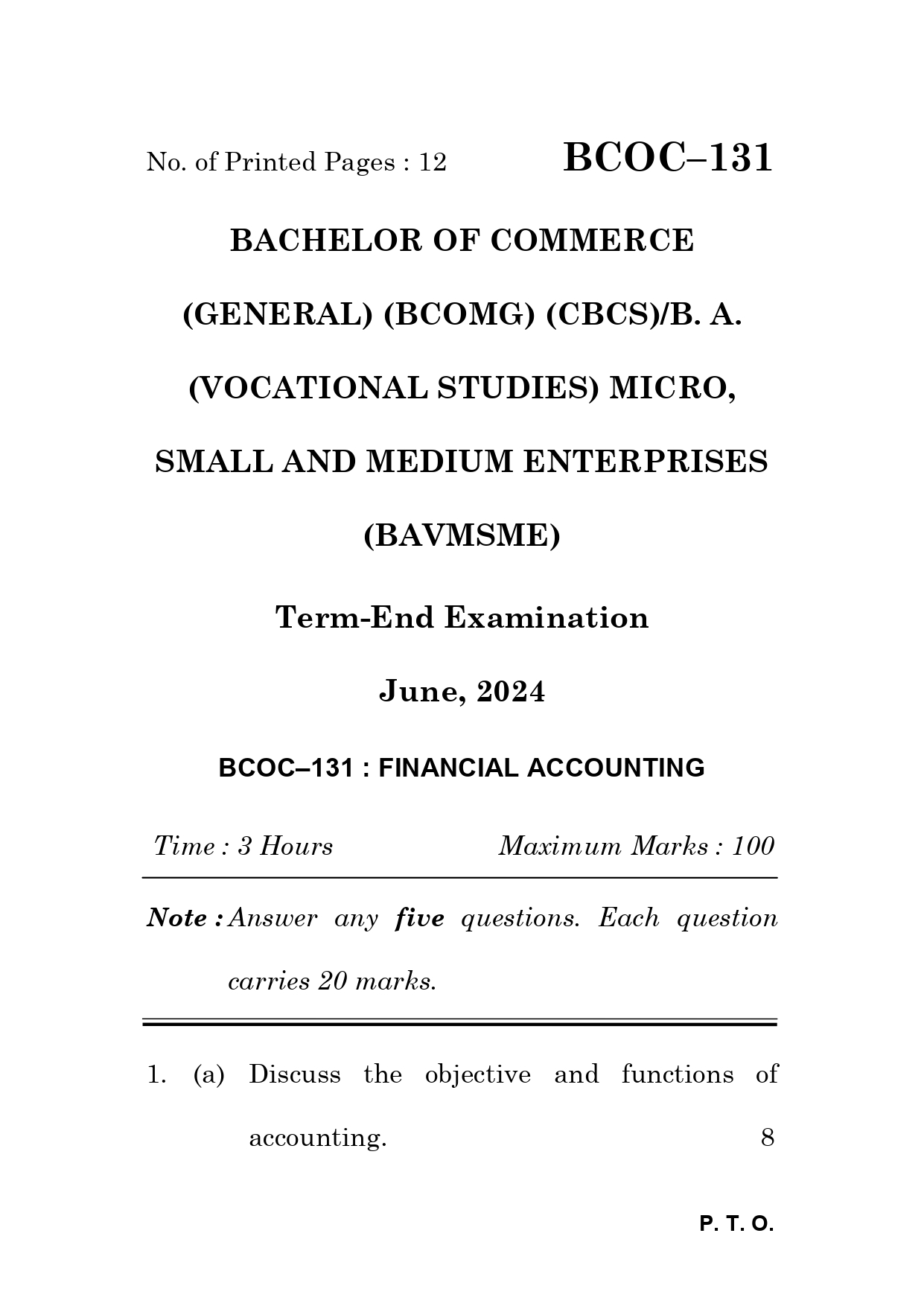 IGNOU BCOC 131 Solved Previous Year Question Paper – June  2024 (English Medium) – Download PDF