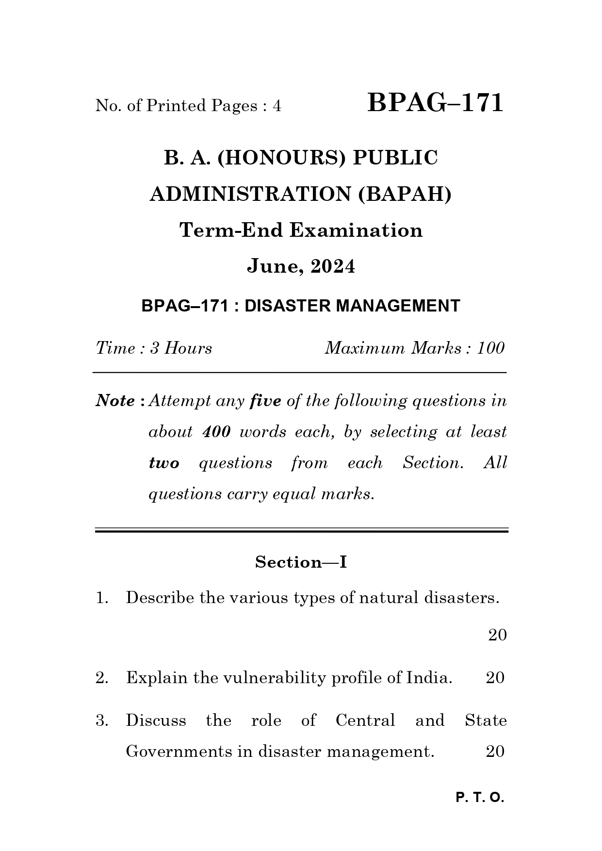 IGNOU BPAG 171 Solved Previous Year Question Paper –JUNE 2024 (ENGLISH Medium) – Download PDF