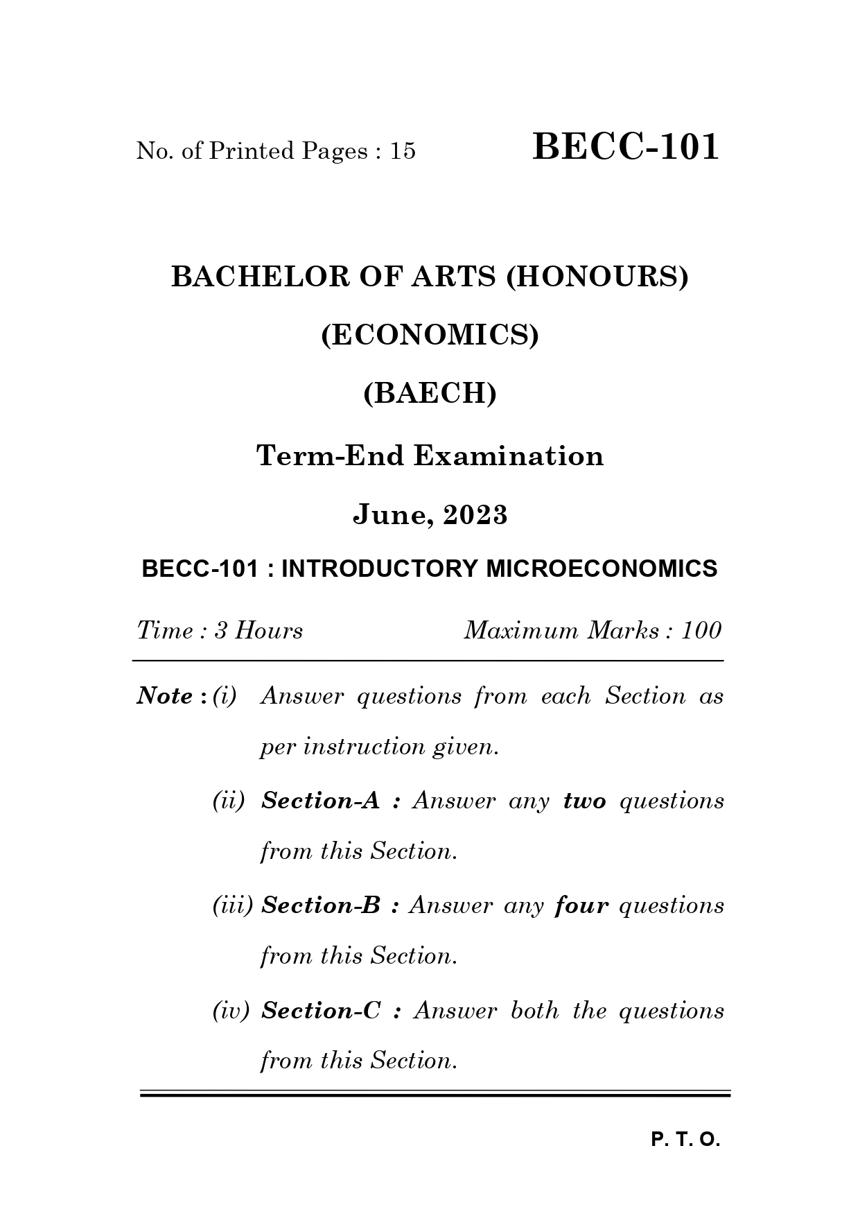 IGNOU BECC 101 Solved Previous Year Question Paper –JUNE 2023 (ENGLISH Medium) – Download PDF