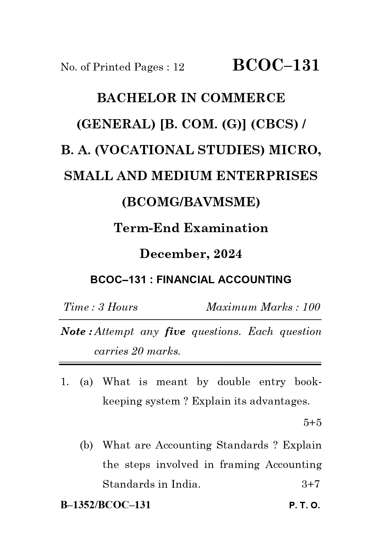 IGNOU BCOC 131 Solved Previous Year Question Paper – December 2024 (English Medium) – Download PDF