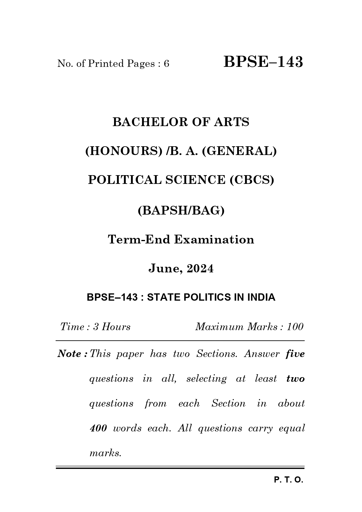 IGNOU BPSE 143 Solved Previous Year Question Paper – June 2024 (English Medium) – Download PDF