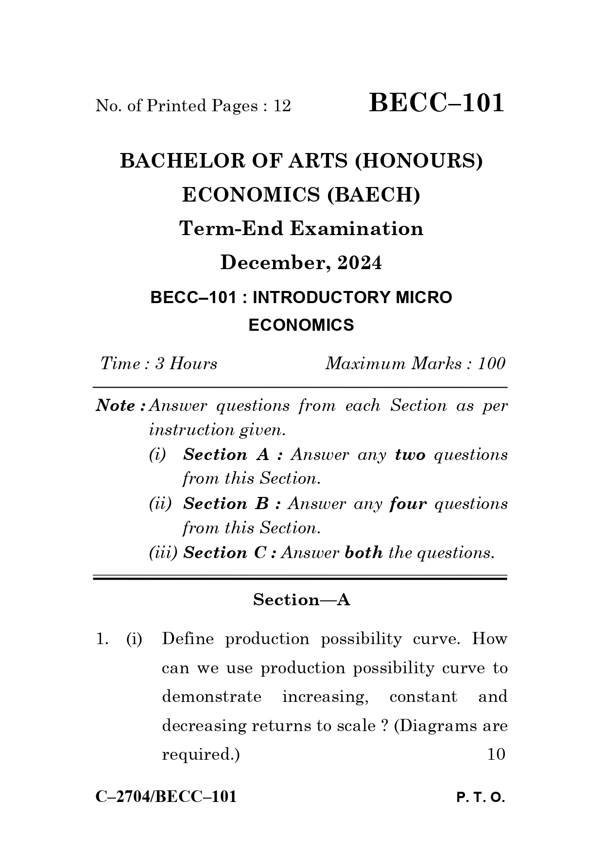 IGNOU BECC 101 Solved Previous Year Question Paper – DECEMBER 2024 (ENGLISH Medium) – Download PDF