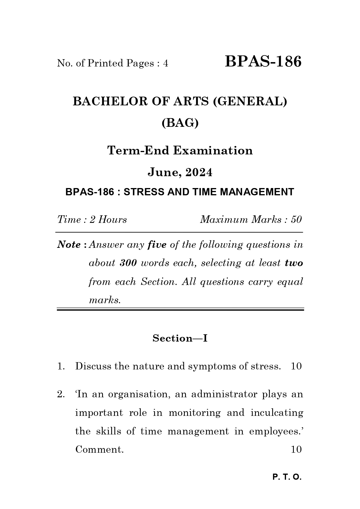 IGNOU BPAS 186 Solved Previous Year Question Paper –JUNE 2024 (ENGLISH Medium) – Download PDF