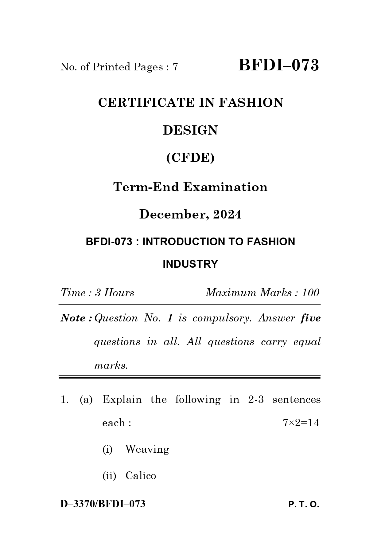 IGNOU BFDI 073 Solved Previous Year Question Paper – December 2024 (English Medium) – Download PDF