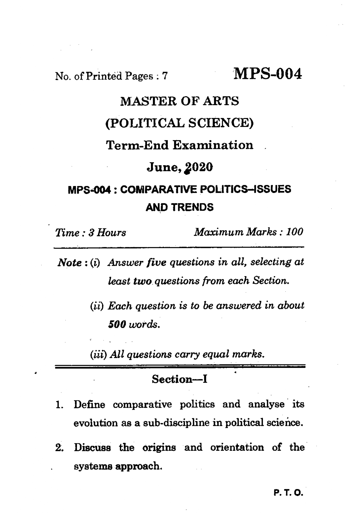IGNOU MPS 004 Solved Previous Year Question Paper – JUNE 2020 (English Medium) – Download PDF