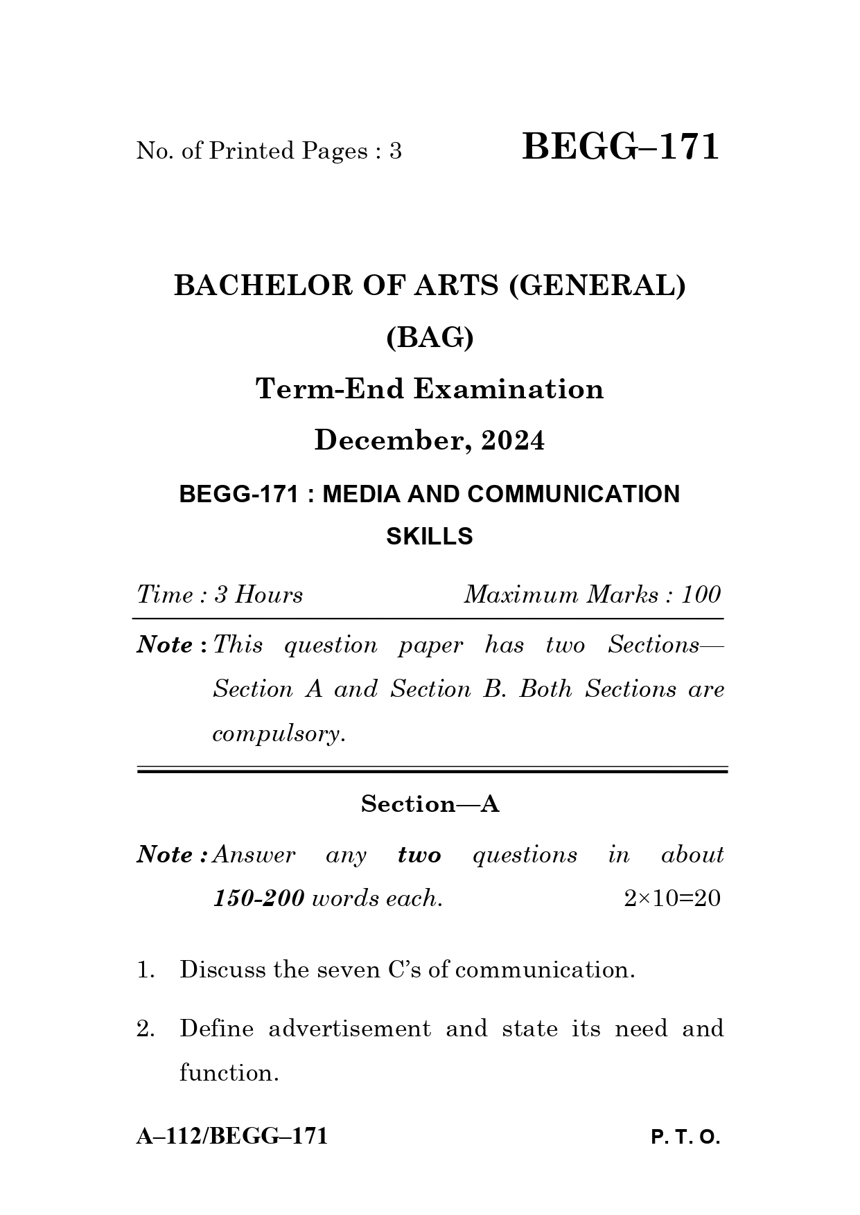 IGNOU BEGG 171 Solved Previous Year Question Paper – December 2024 (English Medium) – Download PDF