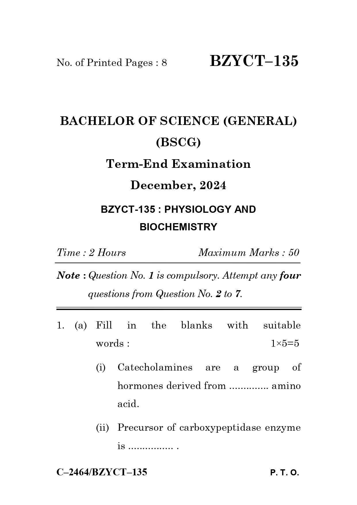 IGNOU BZYCT 135 Solved Previous Year Question Paper – December 2024 (English Medium) – Download PDF