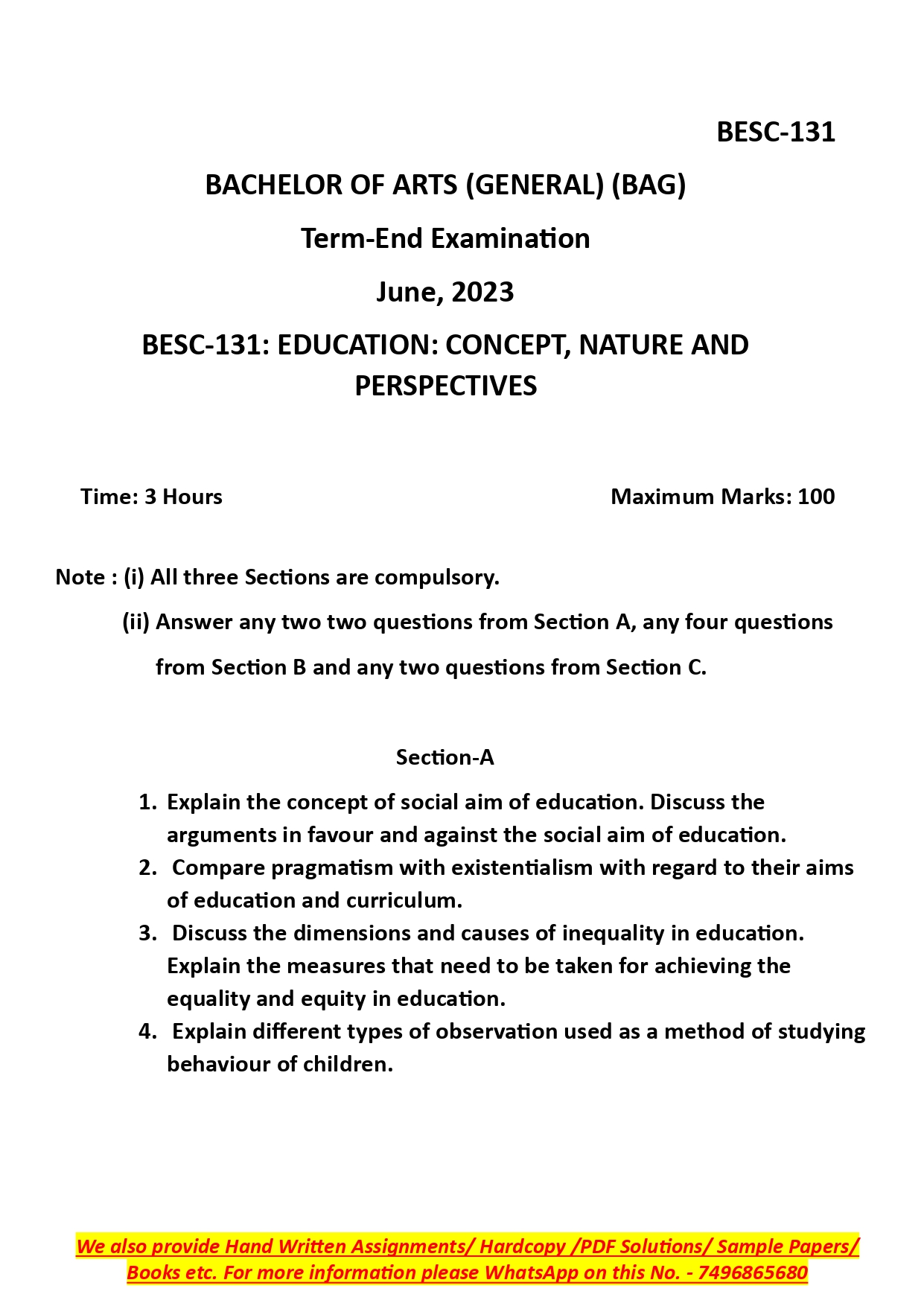 IGNOU BESC 131  Solved Previous Year Question Paper – June 2023 (English Medium) – Download PDF