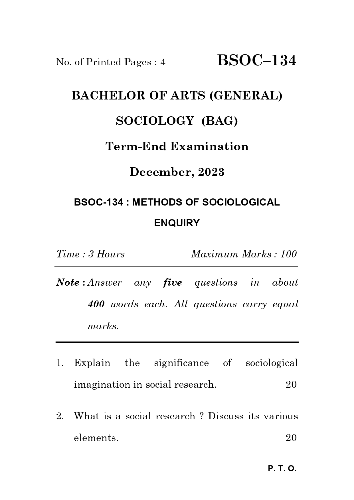 IGNOU BSOC 134 Solved Previous Year Question Paper –DECEMBER 2023 (ENGLISH Medium) – Download PDF