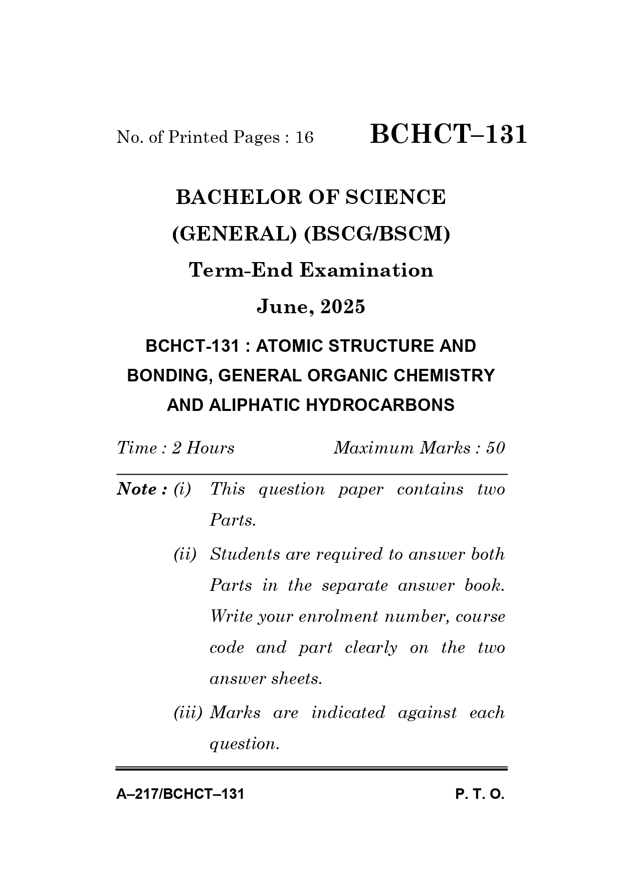 IGNOU BCHCT 131 Solved Previous Year Question Paper –JUNE 2025 (ENGLISH Medium) – Download PDF