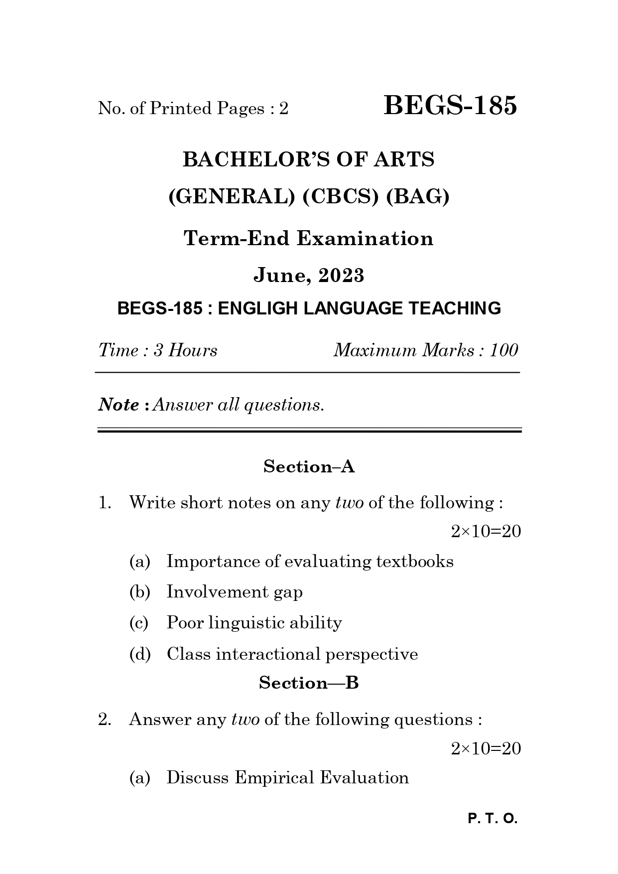 IGNOU BEGS 185 Solved Previous Year Question Paper – June 2023 (English Medium) – Download PDF