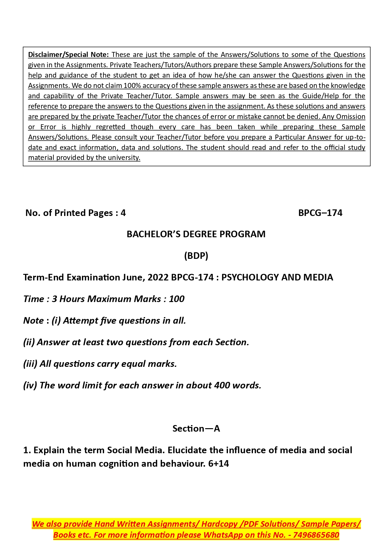 IGNOU BPCG 174 Solved Previous Year Question Paper – june 2022 (English Medium) – Download PDF