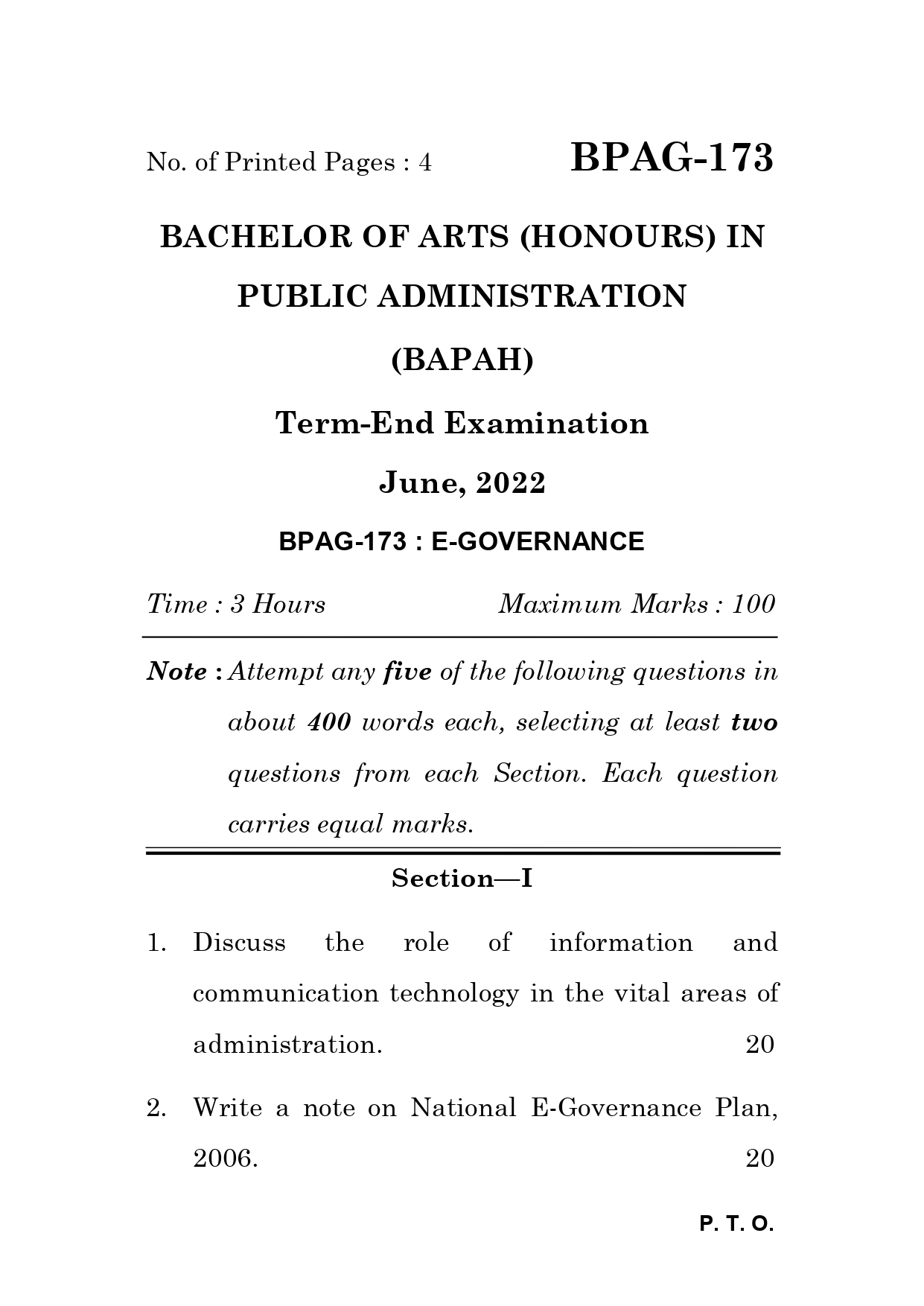 IGNOU BPAG 173 Solved Previous Year Question Paper –JUNE 2022 (ENGLISH Medium) – Download PDF