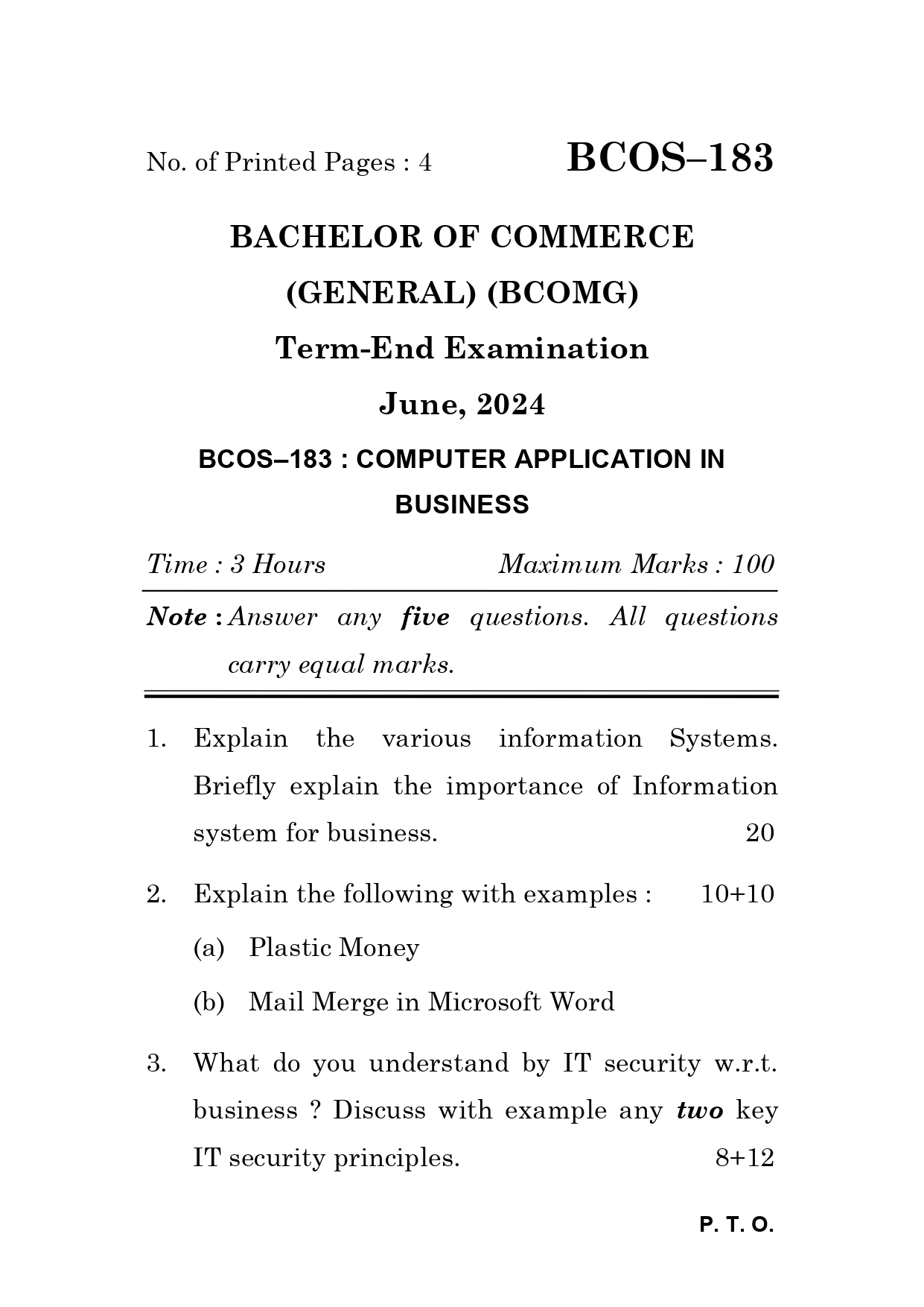 IGNOU BCOS 183 Solved Previous Year Question Paper – June 2024 (English Medium) – Download PDF