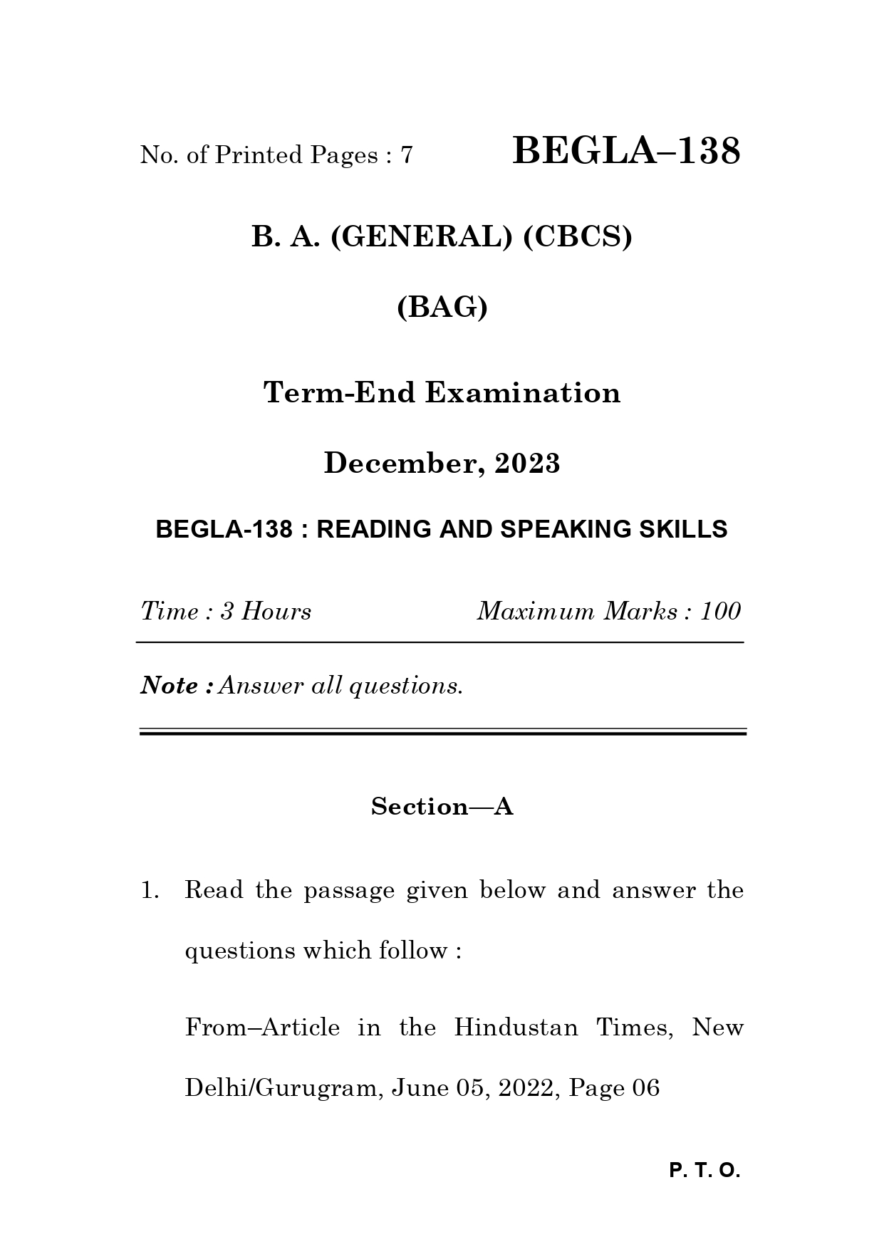 IGNOU BEGLA 138 Solved Previous Year Question Paper – December 2023 (English Medium) – Download PDF
