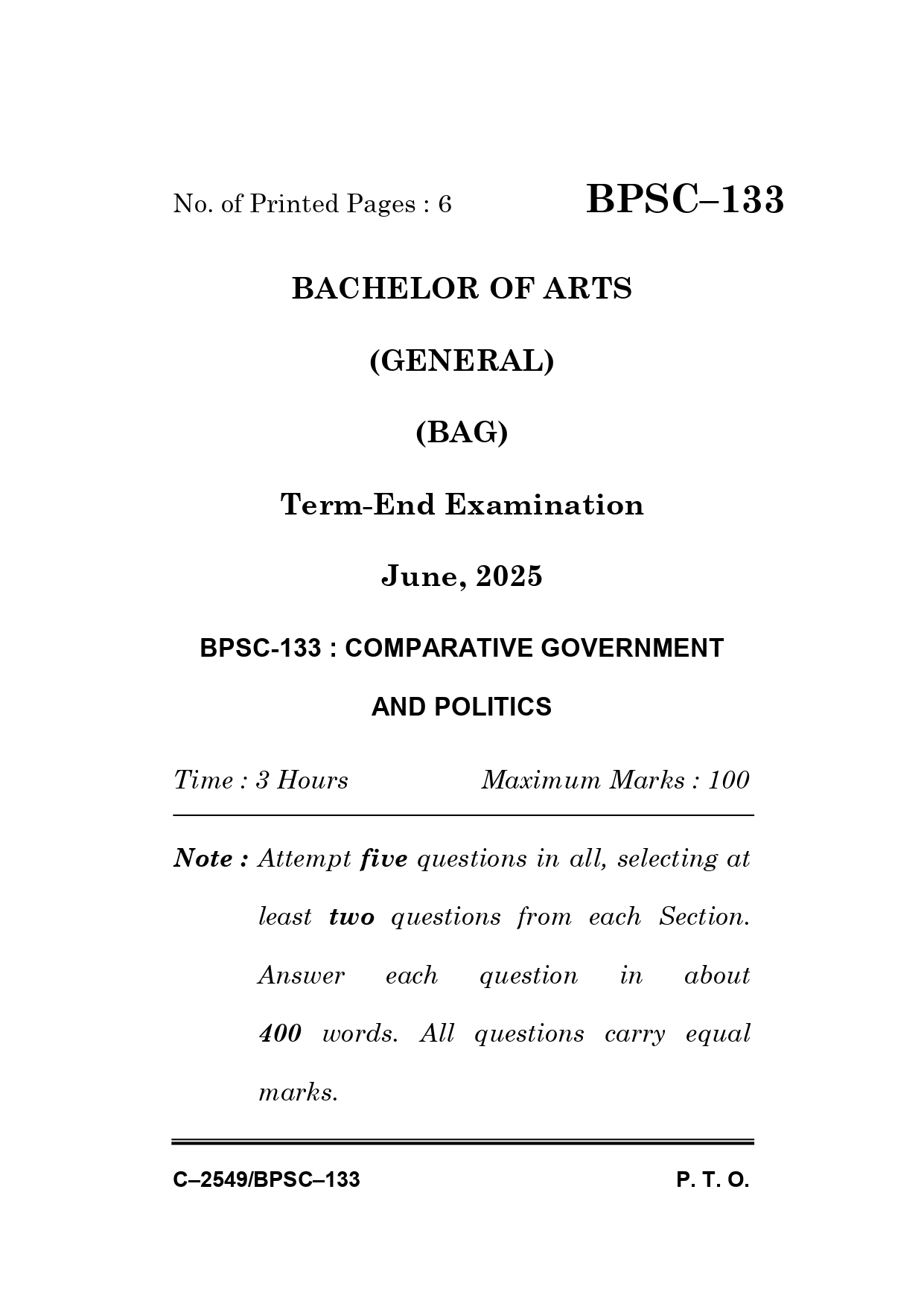 IGNOU BPSC 133 Solved Previous Year Question Paper –JUNE 2025 (ENGLISH Medium) – Download PDF