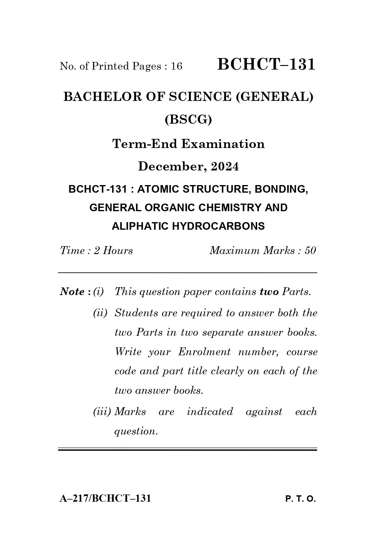IGNOU BCHCT 131 Solved Previous Year Question Paper – December 2024 (English Medium) – Download PDF