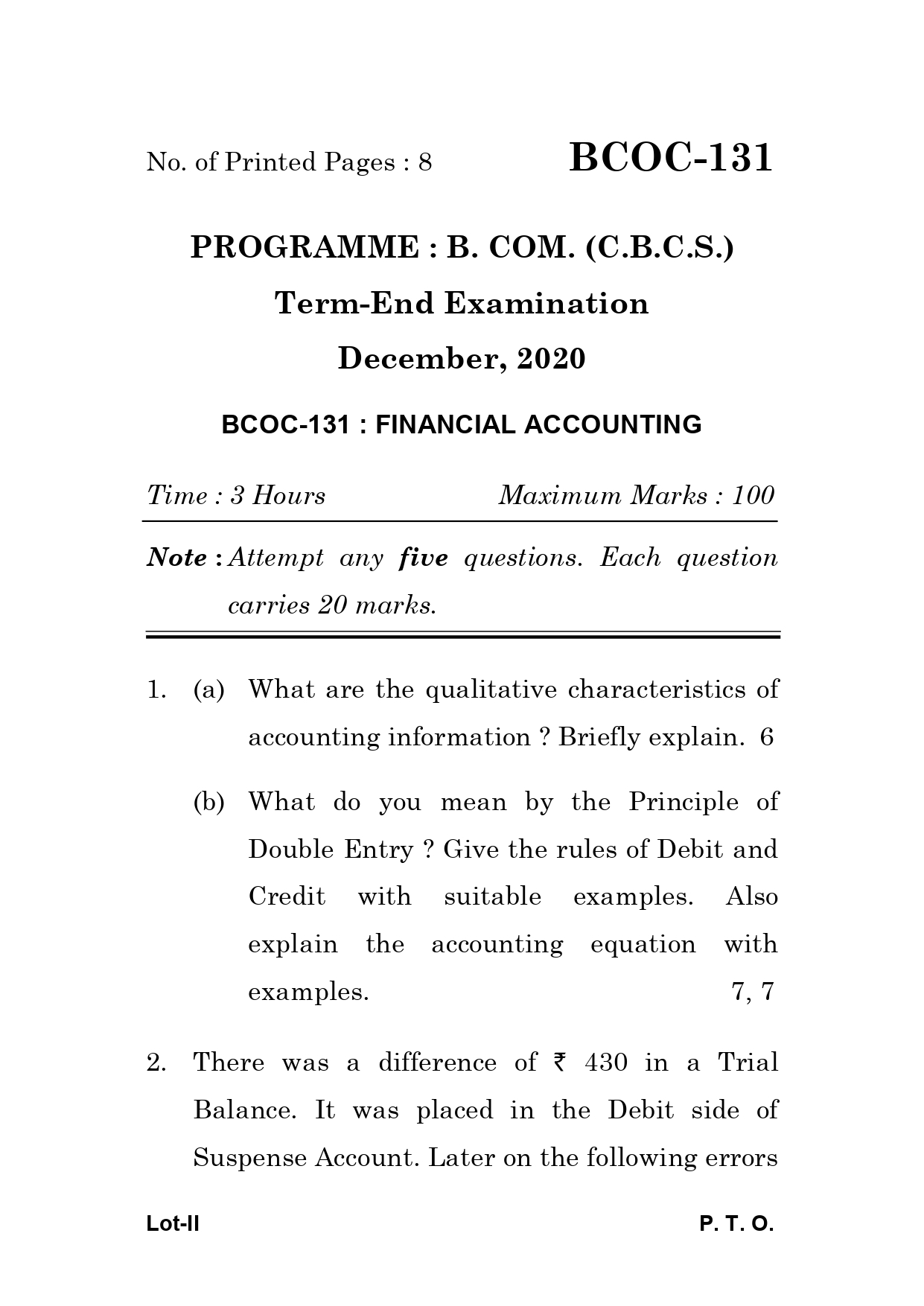 IGNOU BCOC 131 Solved Previous Year Question Paper – December 2020 (English Medium) – Download PDF