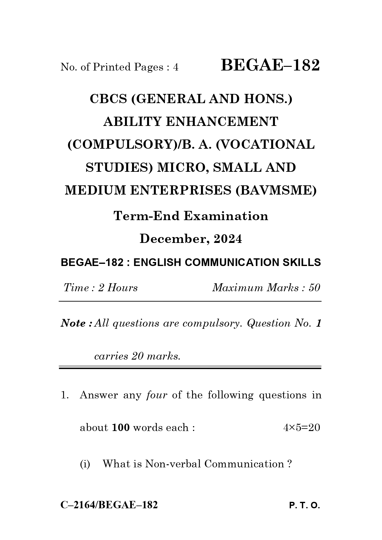 IGNOU BEGAE 182 Solved Previous Year Question Paper – December 2024 (English Medium) – Download PDF