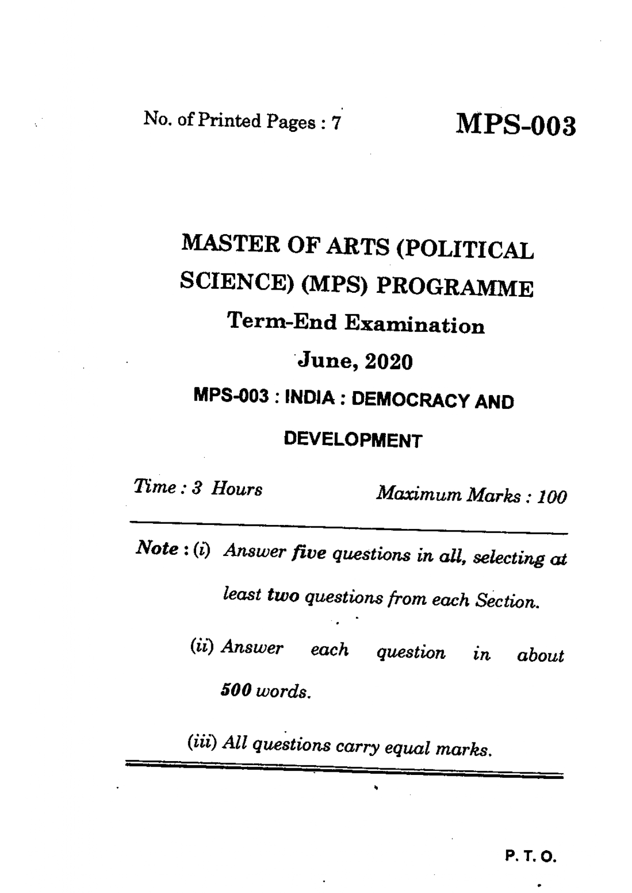 IGNOU MPS 003 Solved Previous Year Question Paper – JUNE 2020 (English Medium) – Download PDF