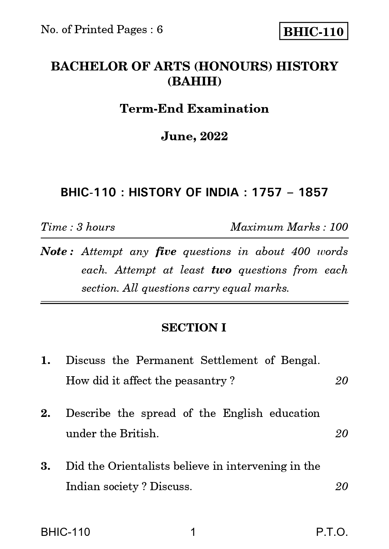 IGNOU BHIC 110 Solved Previous Year Question Paper – June 2022 (English Medium) – Download PDF