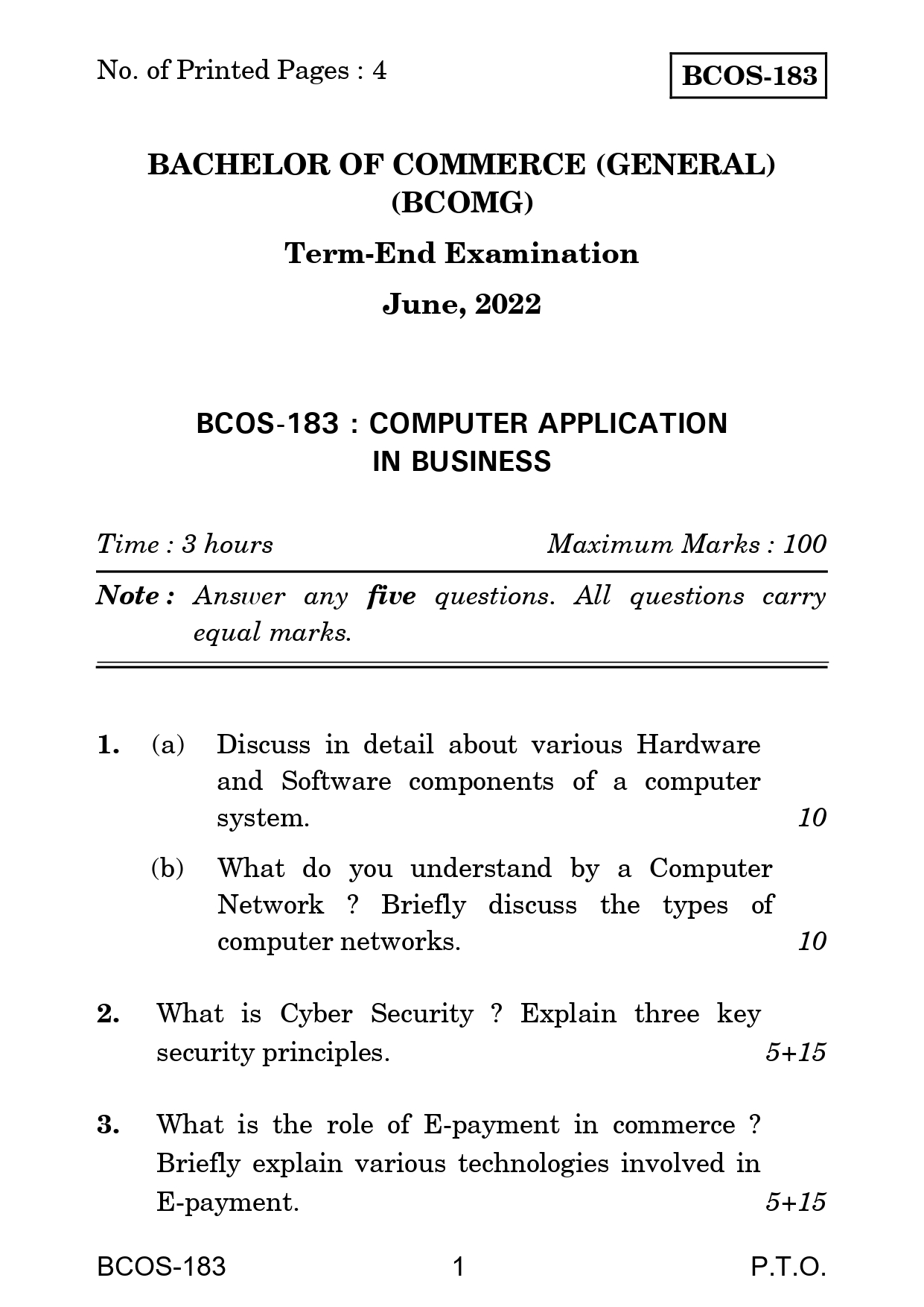 IGNOU BCOS 183 Solved Previous Year Question Paper – June 2022 (English Medium) – Download PDF
