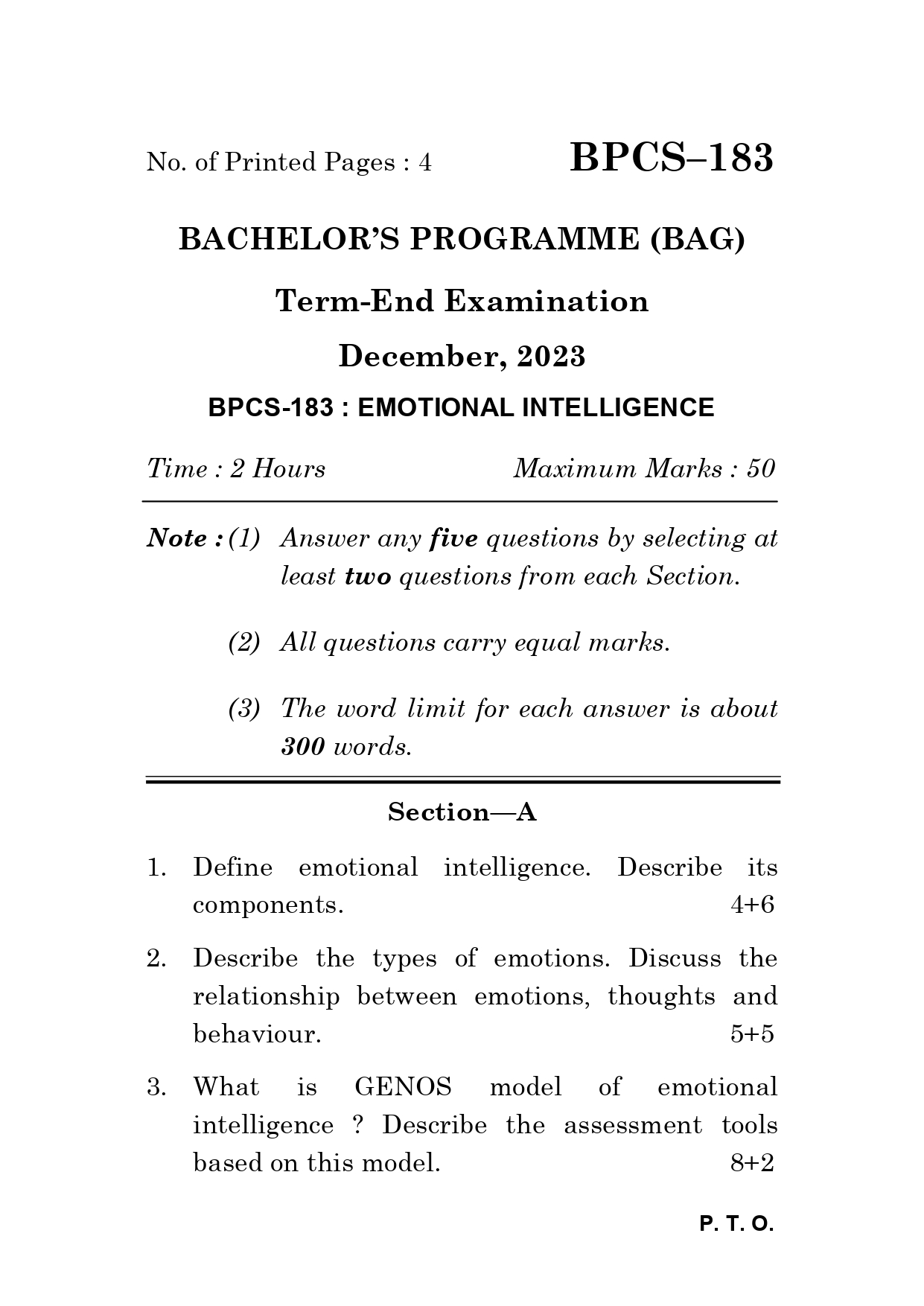 IGNOU BPCS 183 Solved Previous Year Question Paper – December 2023 (English Medium) – Download PDF