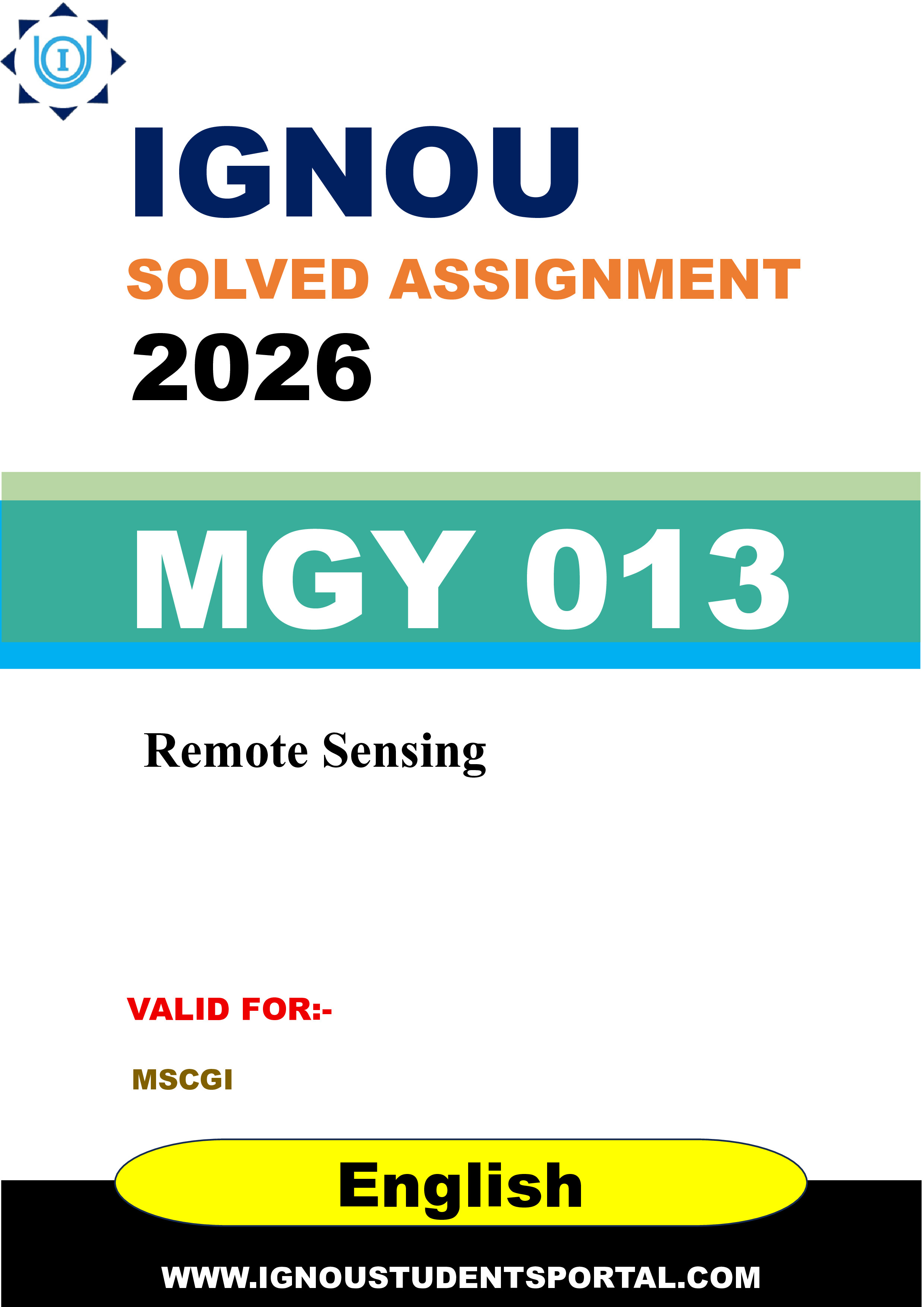 IGNOU MGY 013 Solved Assignment 2026-26: Remote Sensing (English Medium) | IGNOU Students Portal