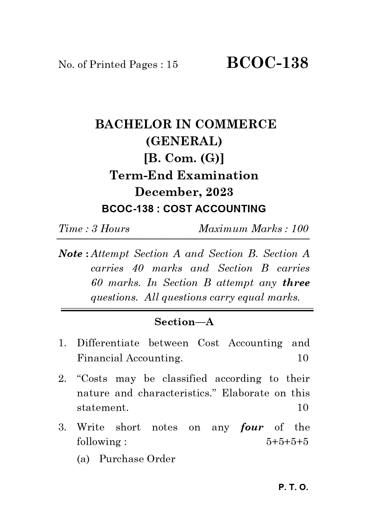 IGNOU BCOC 138 Solved Previous Year Question Paper – December 2023 (English Medium) – Download PDF