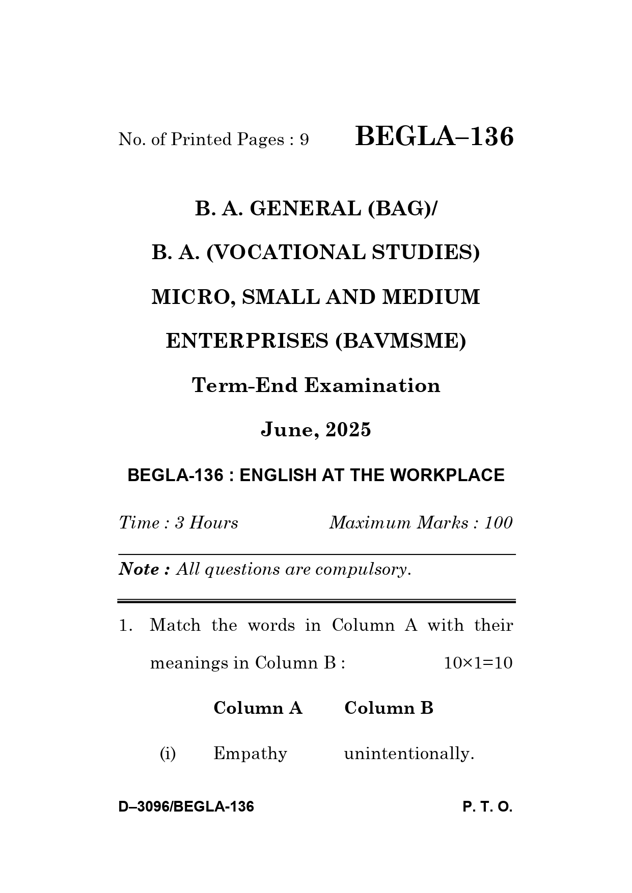 IGNOU BEGLA 136 Solved Previous Year Question Paper –JUNE 2025 (ENGLISH Medium) – Download PDF