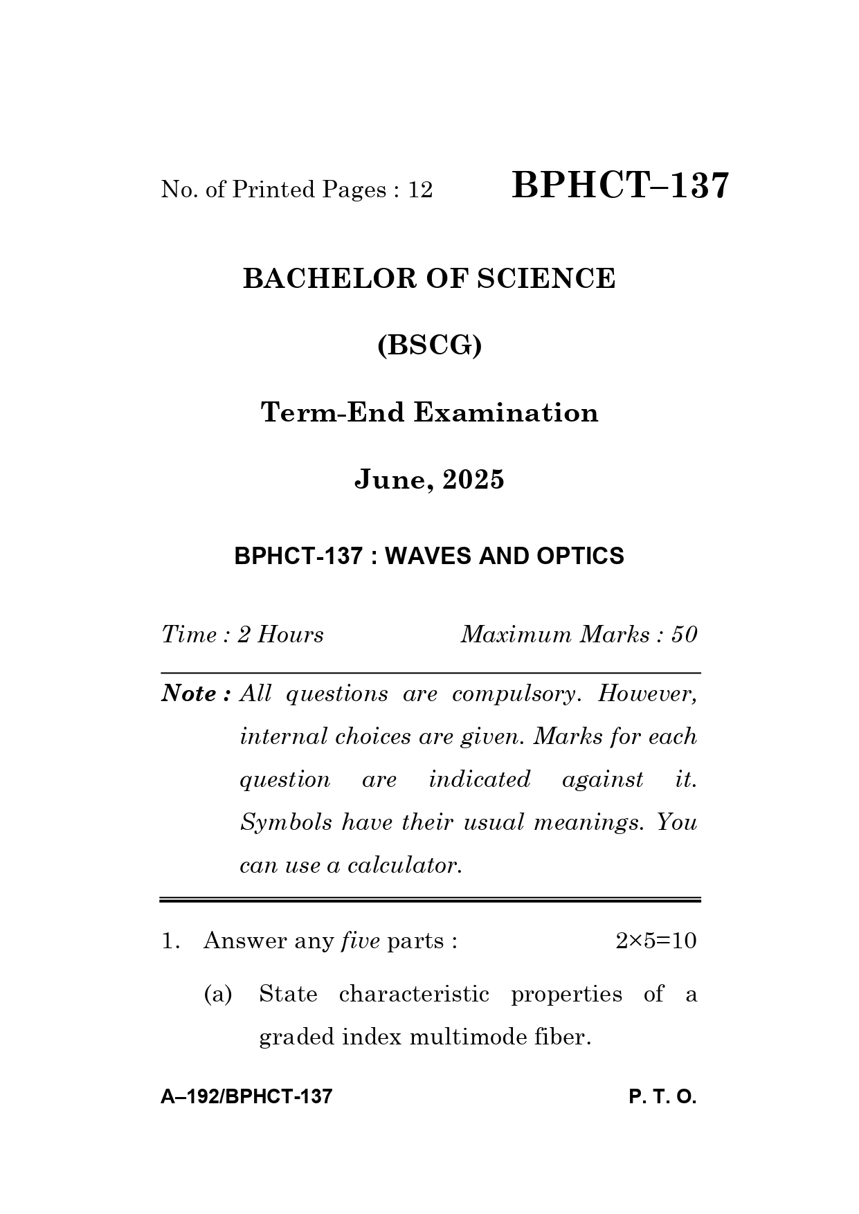 IGNOU BPHCT 137 Solved Previous Year Question Paper –JUNE 2025 (ENGLISH Medium) – Download PDF