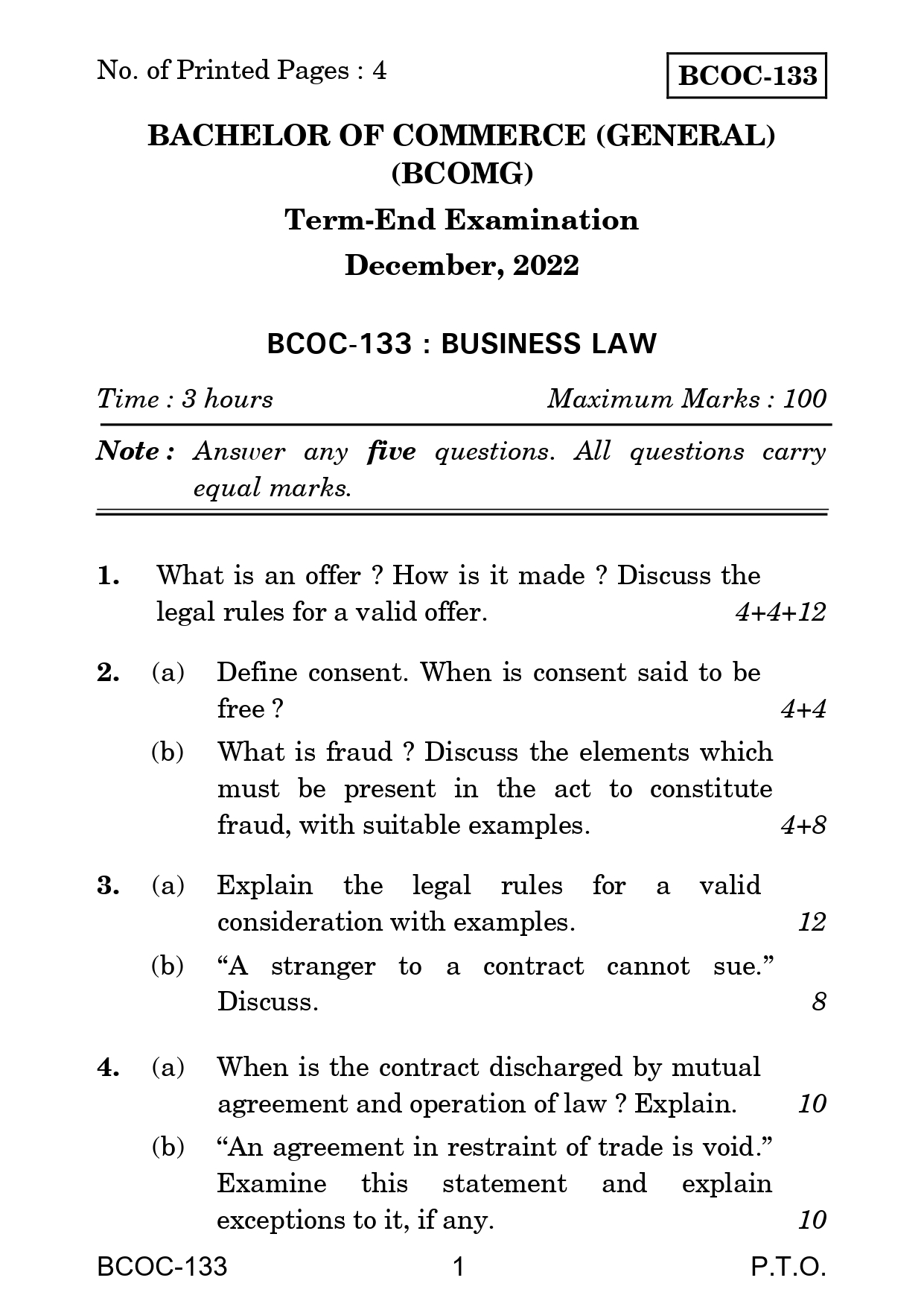 IGNOU BCOC 133 Solved Previous Year Question Paper – December 2022 (English Medium) – Download PDF