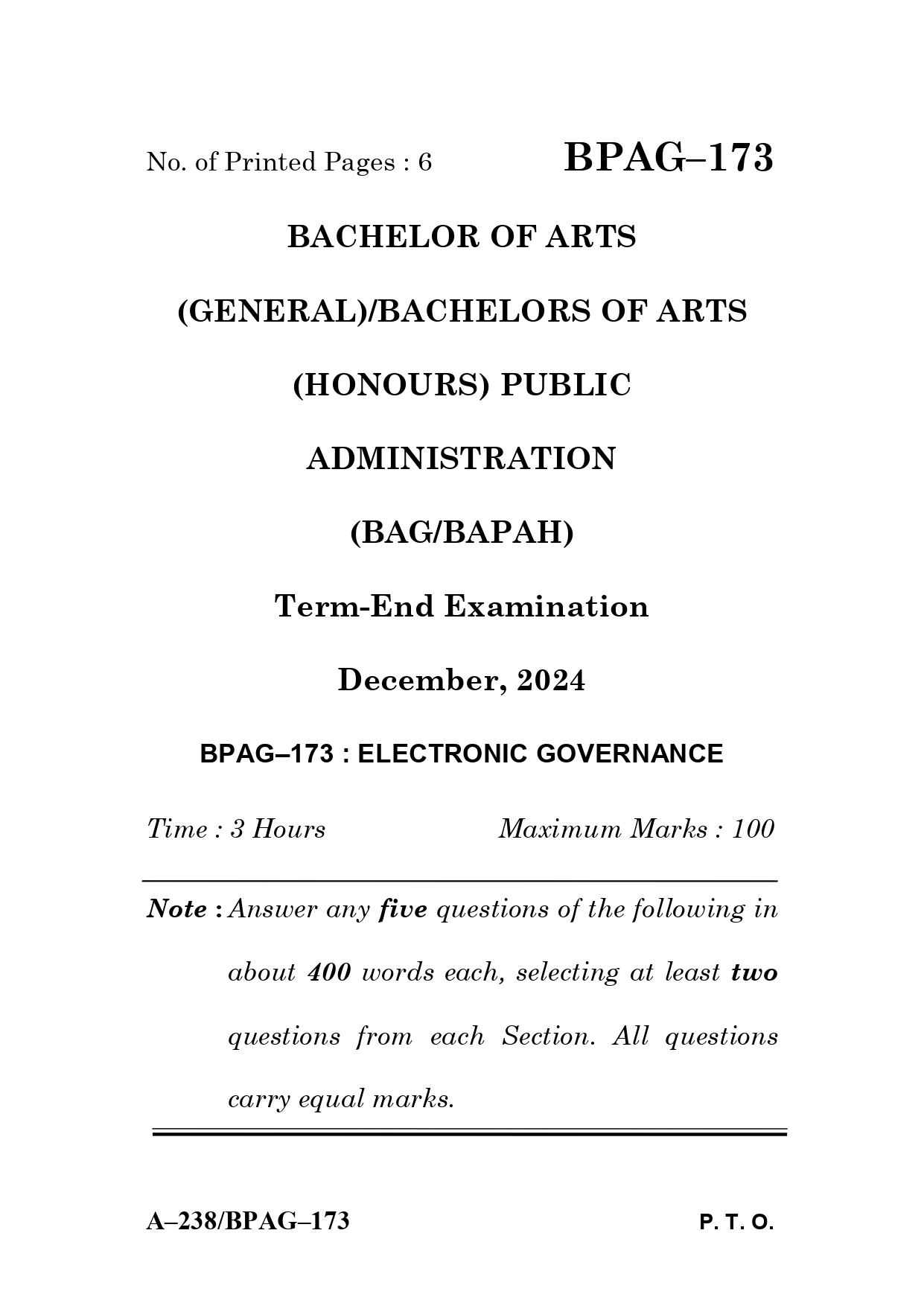 IGNOU BPAG 173 Solved Previous Year Question Paper –DECEMBER 2024 (ENGLISH Medium) – Download PDF