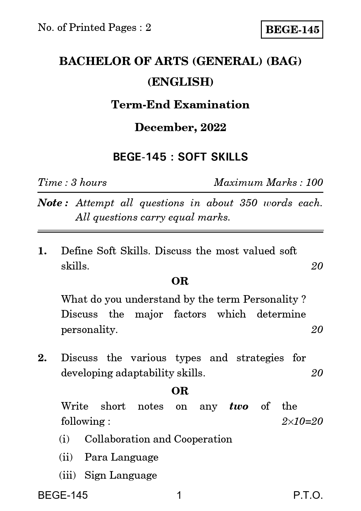 IGNOU BEGE 145 Solved Previous Year Question Paper –DECEMBER 2022 (ENGLISH Medium) – Download PDF