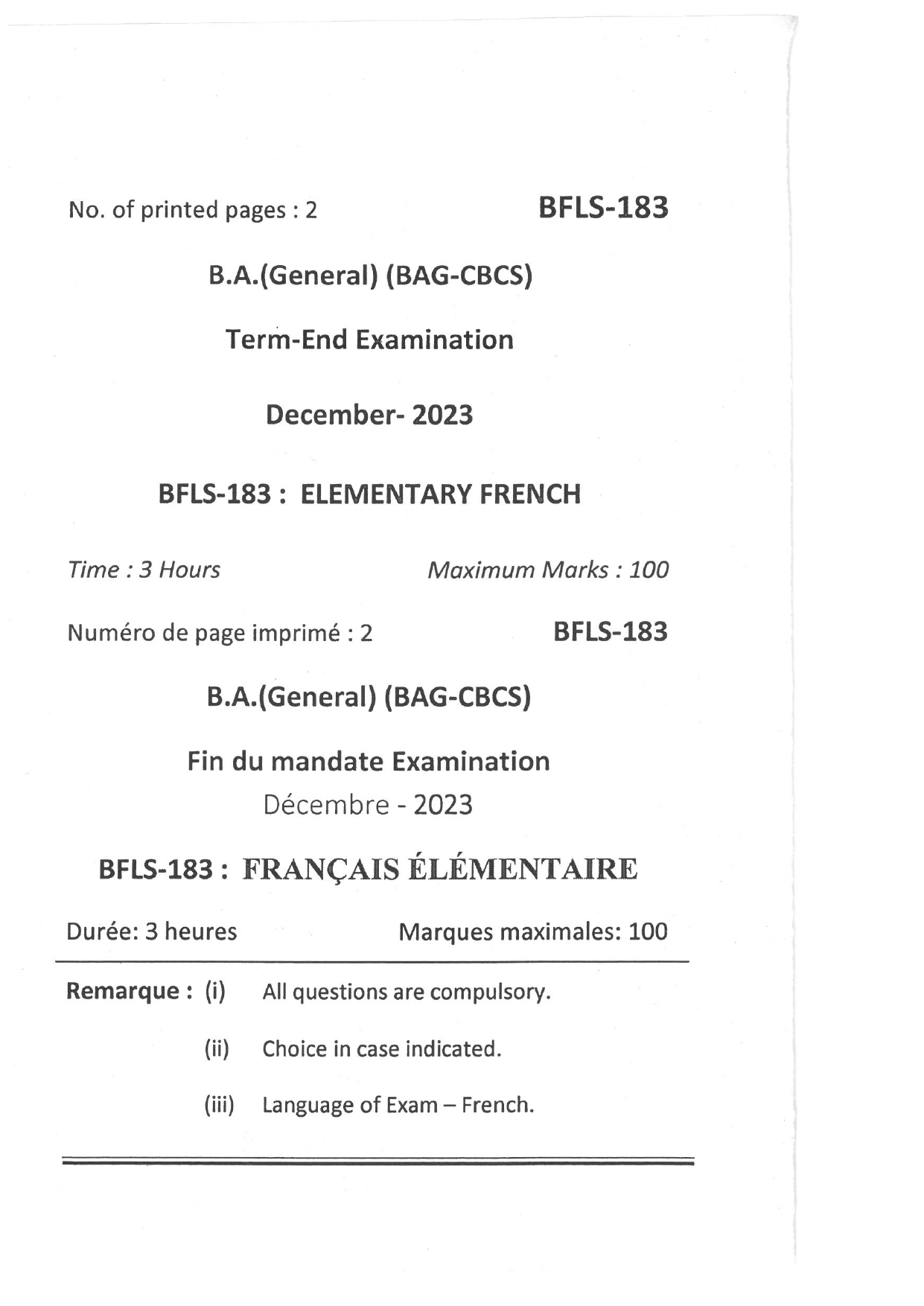 IGNOU BFLS 183 Solved Previous Year Question Paper –DECEMBER 2023 (FRENCH Medium) – Download PDF