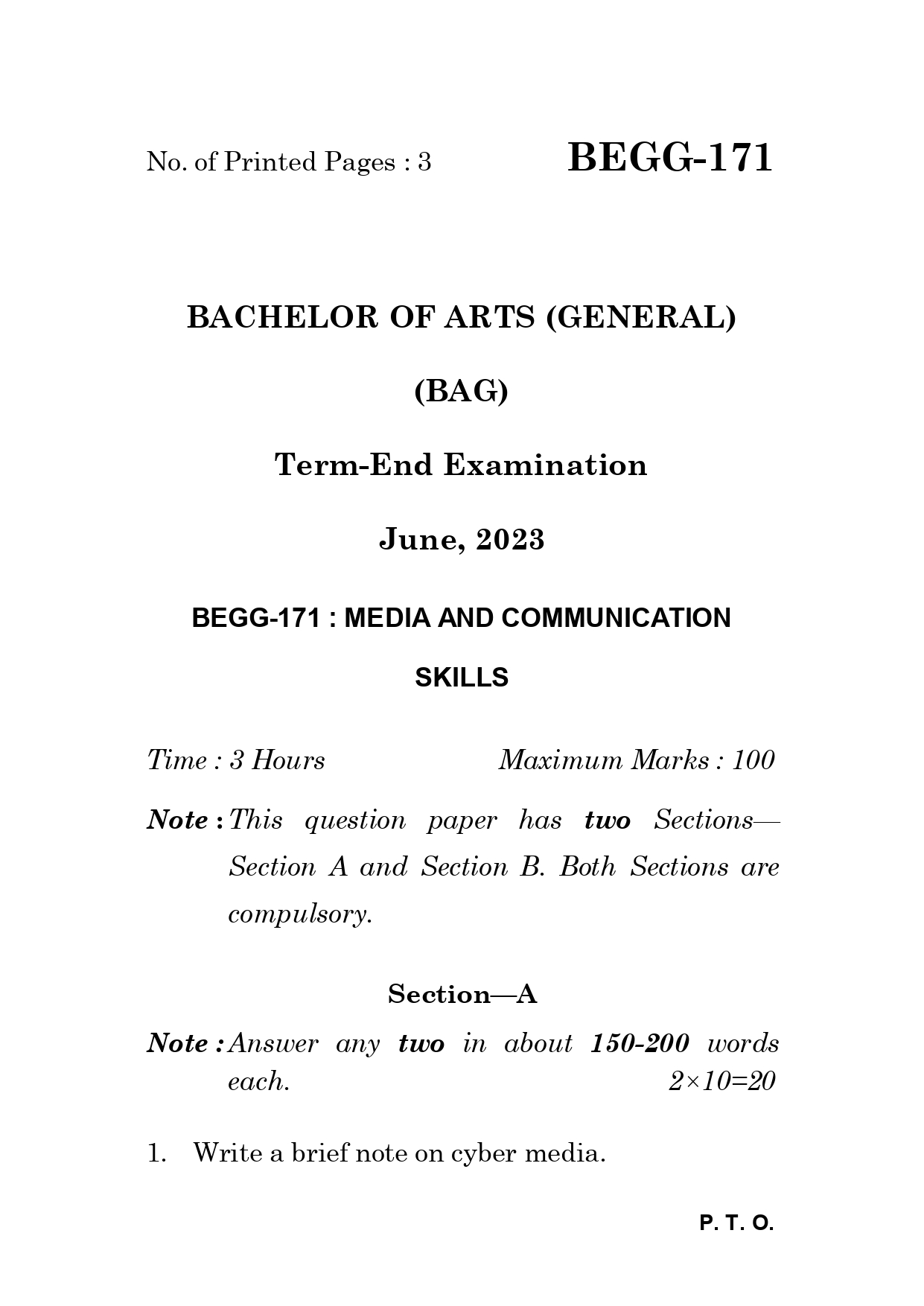 IGNOU BEGG 171 Solved Previous Year Question Paper – June 2023 (English Medium) – Download PDF