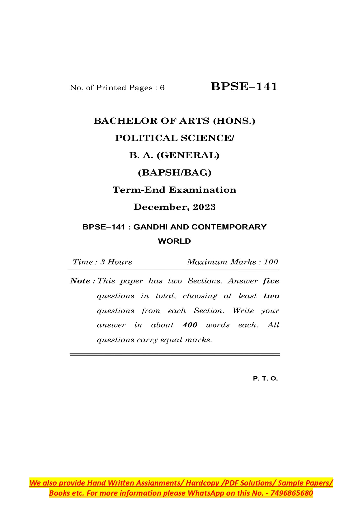IGNOU BPSE 141 Solved Previous Year Question Paper – December 2023 (English Medium) – Download PDF