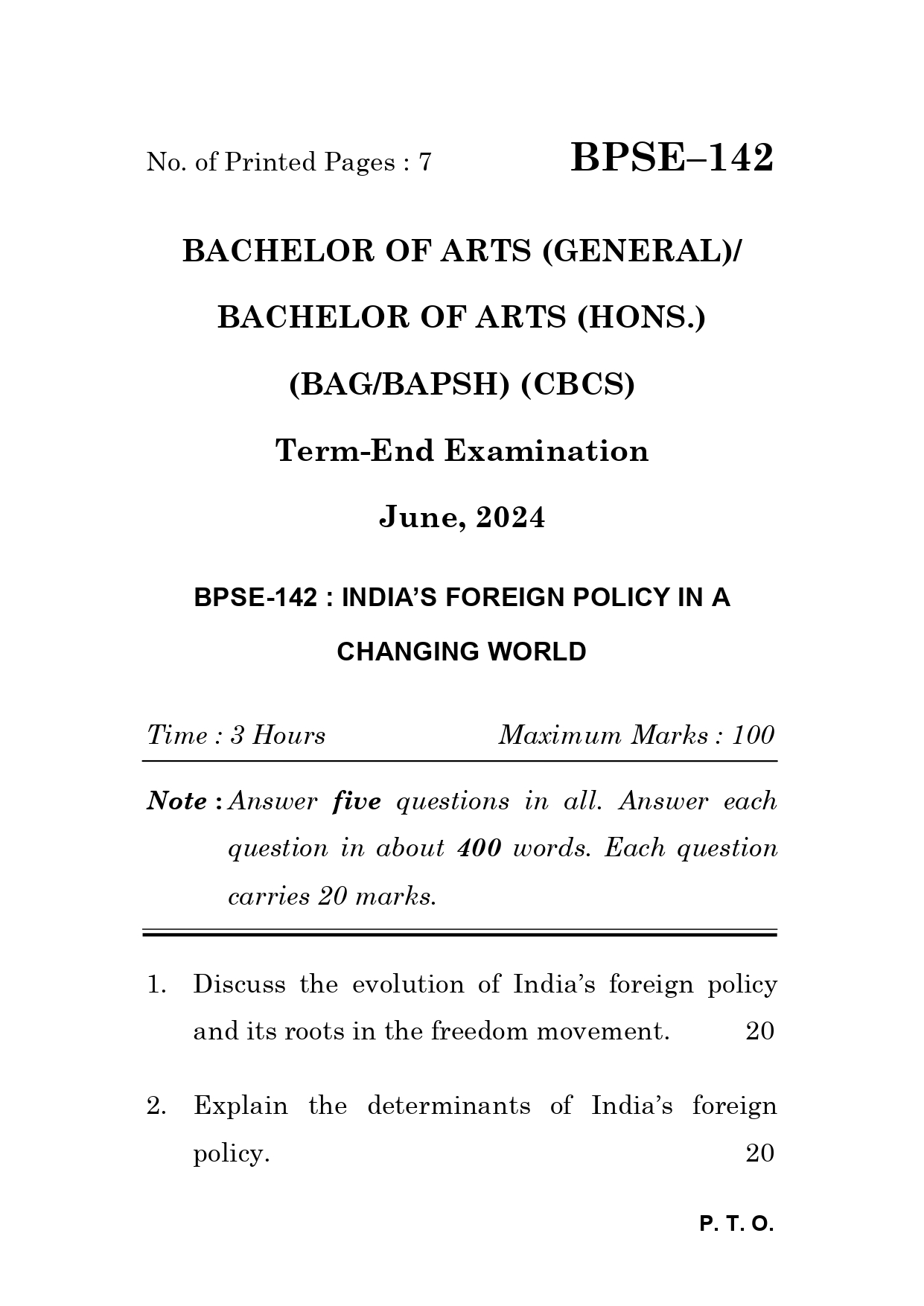IGNOU BPSE 142 Solved Previous Year Question Paper – June 2024 (English Medium) – Download PDF