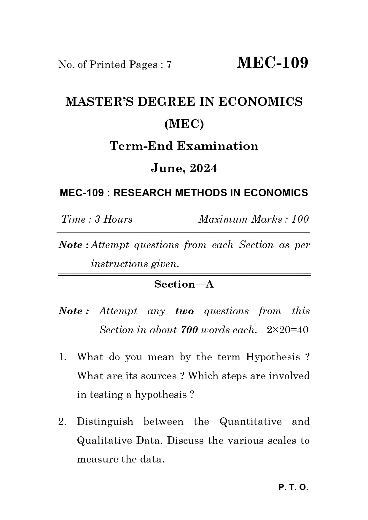 IGNOU MEC 109 Solved Previous Year Question Paper –JUNE 2024 (ENGLISH Medium) – Download PDF