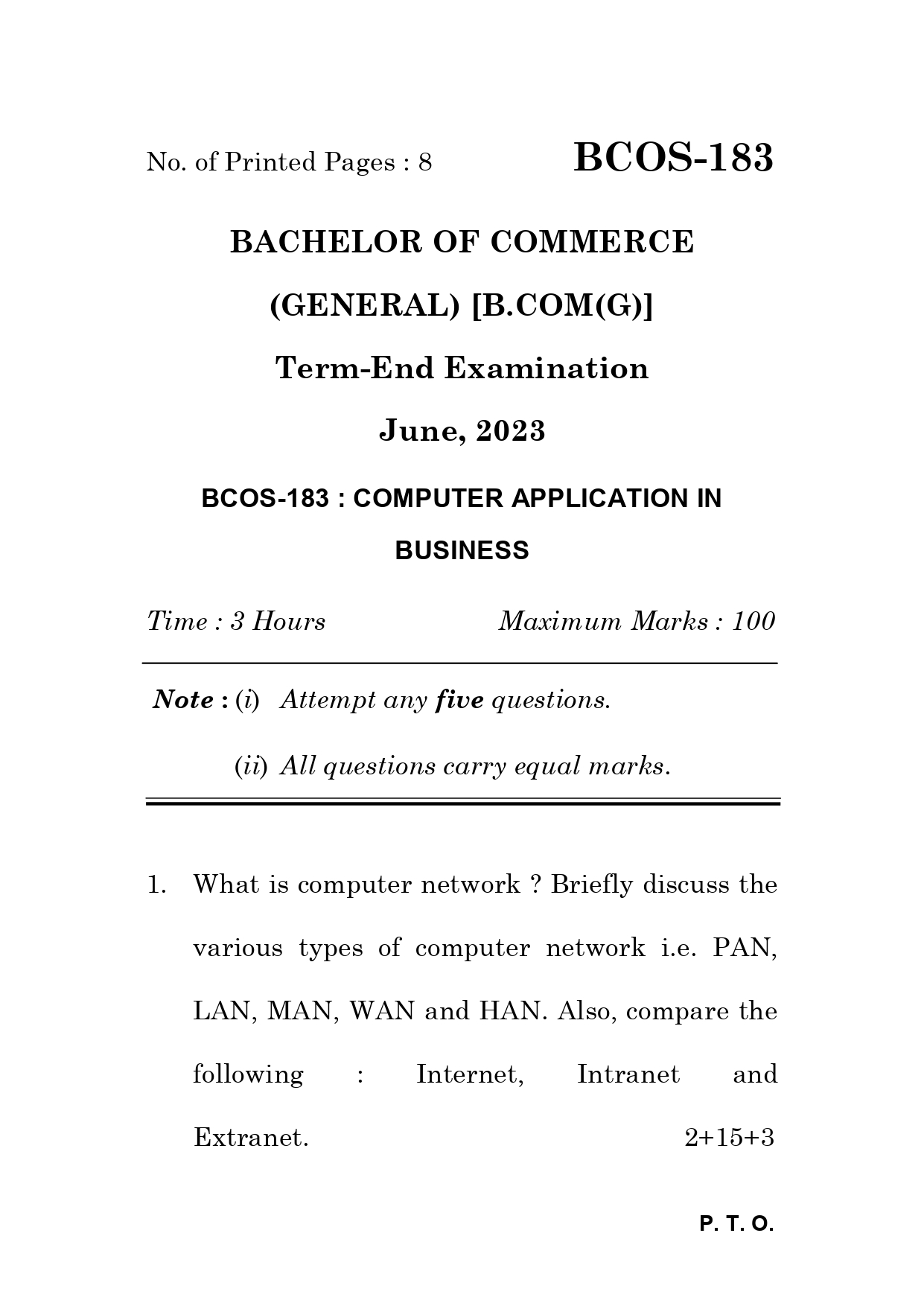 IGNOU BCOS 183 Solved Previous Year Question Paper – June 2023 (English Medium) – Download PDF