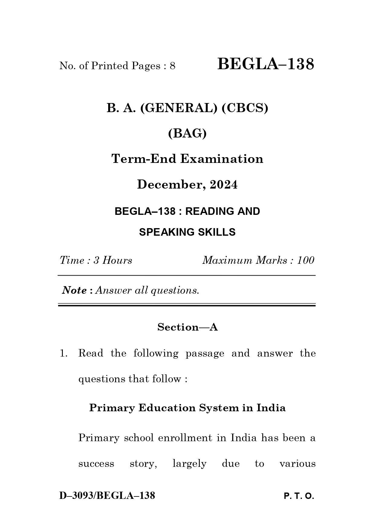 IGNOU BEGLA 138 Solved Previous Year Question Paper – December 2024 (English Medium) – Download PDF
