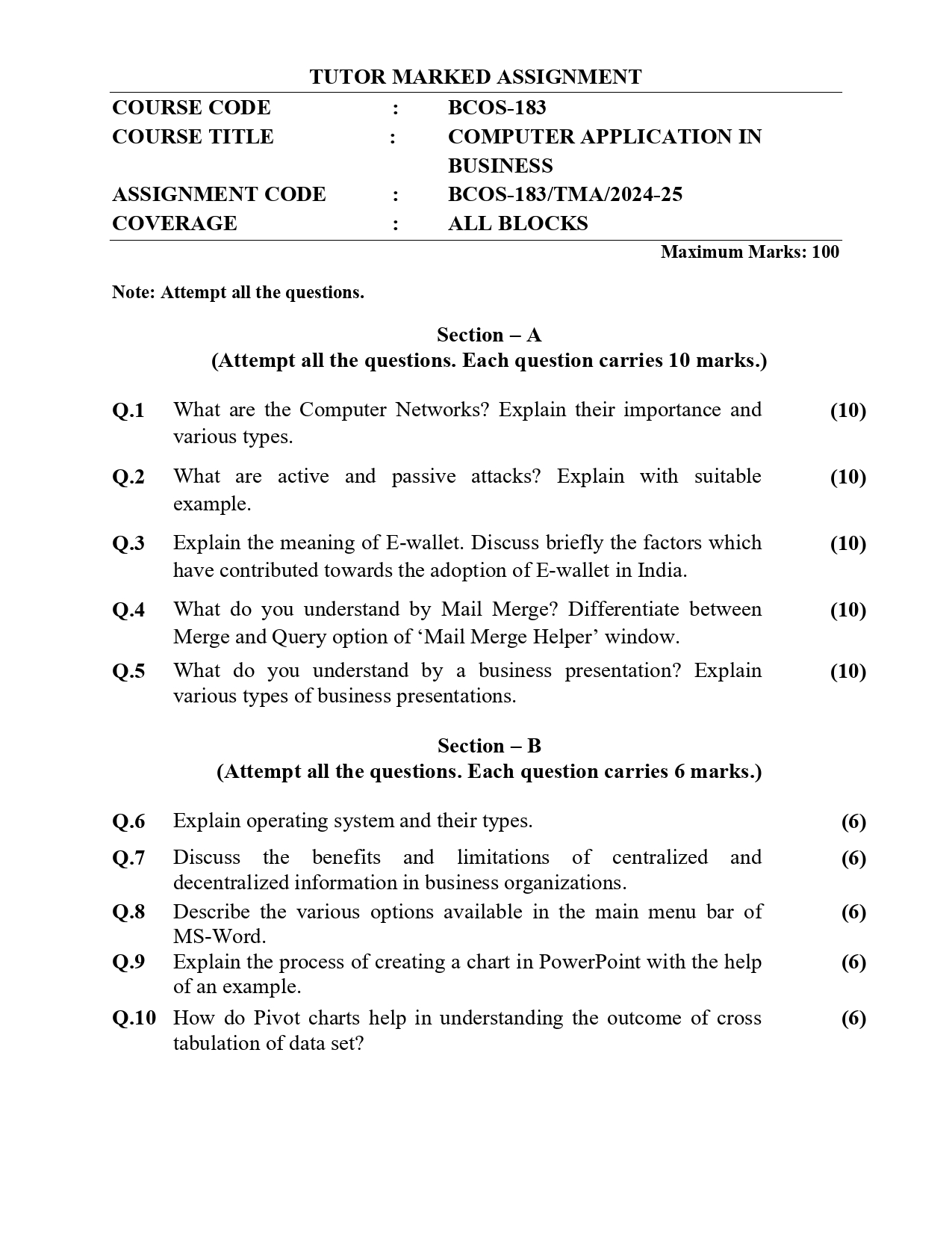 IGNOU Handwritten Assignment Hardcopy – BCOS 183 (COMPUTER APPLICATION  IN BUSINESS) 2024-2025, ENGLISH Medium (Copy)