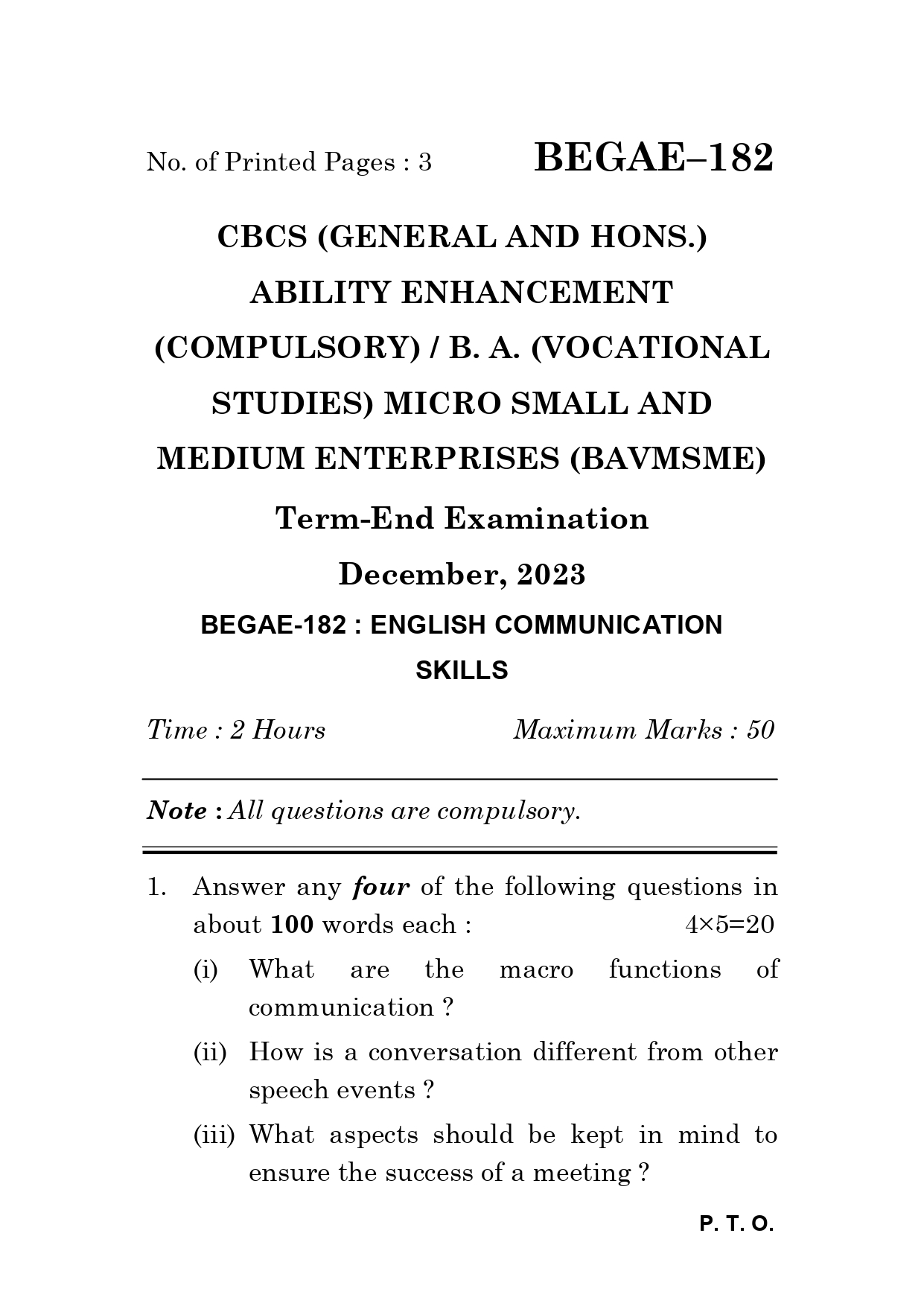 IGNOU BEGAE 182 Solved Previous Year Question Paper – December 2023 (English Medium) – Download PDF