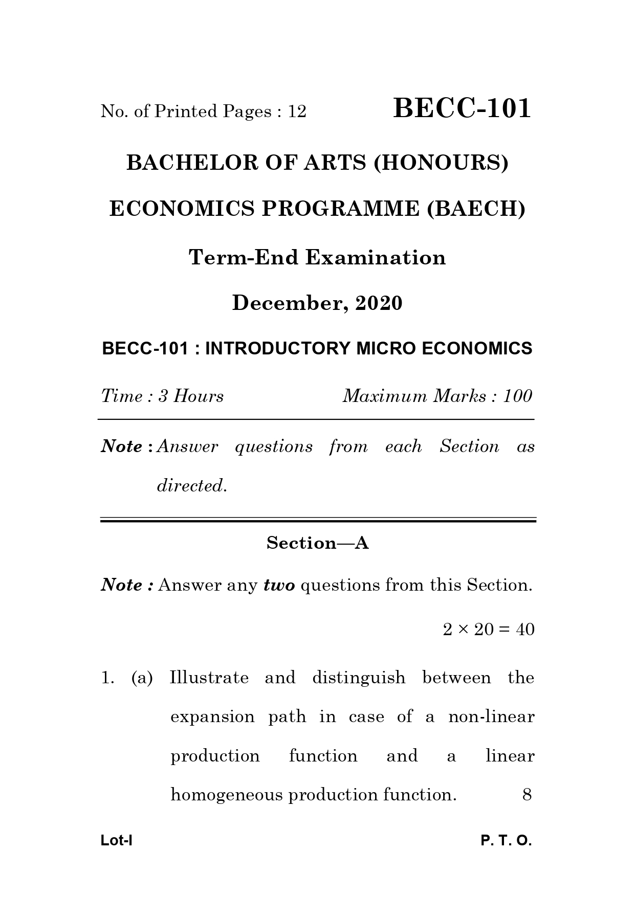 IGNOU BECC 101 Solved Previous Year Question Paper –DECEMBER 2020 (ENGLISH Medium) – Download PDF