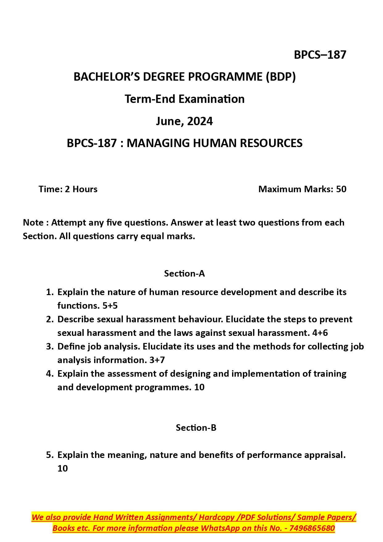 IGNOU BPCS 187 Solved Previous Year Question Paper – June 2024 (English Medium) – Download PDF