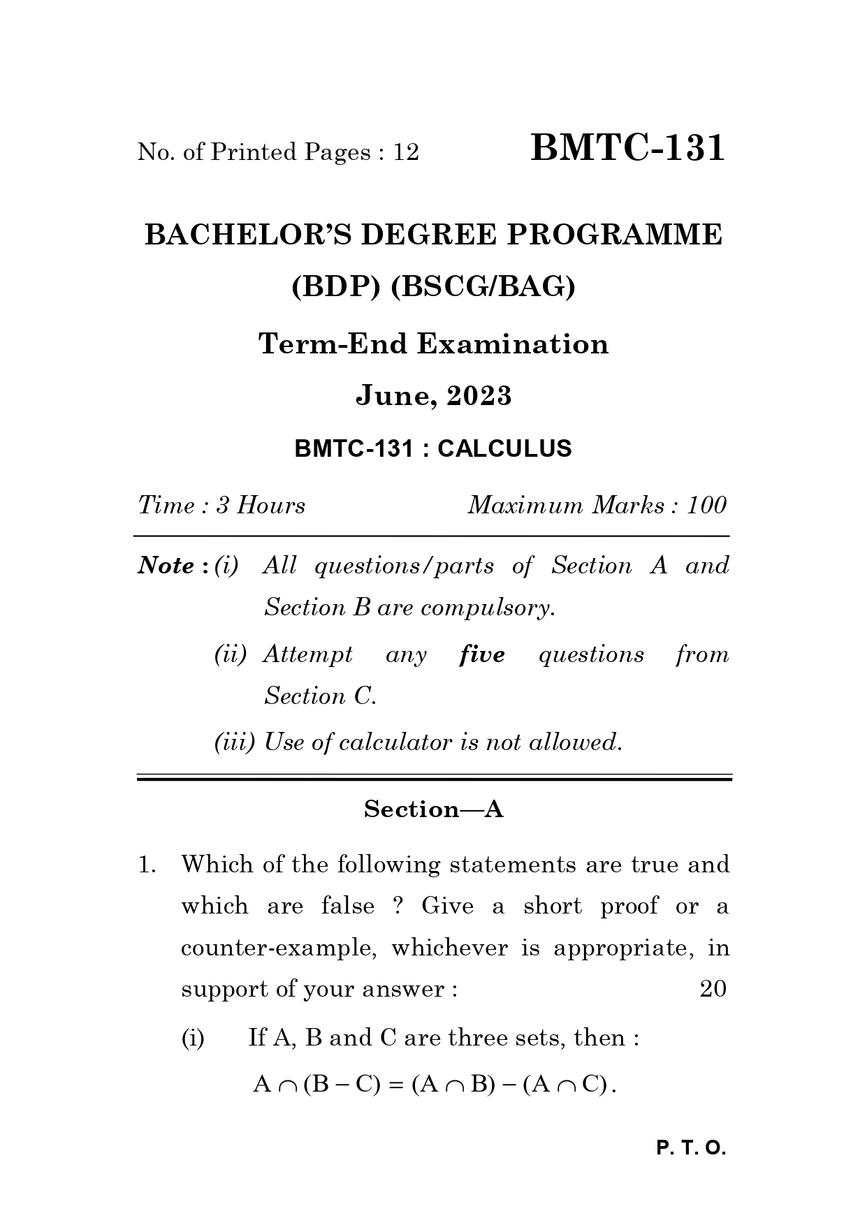 IGNOU BMTC 131 Solved Previous Year Question Paper – June 2023 (English Medium) – Download PDF